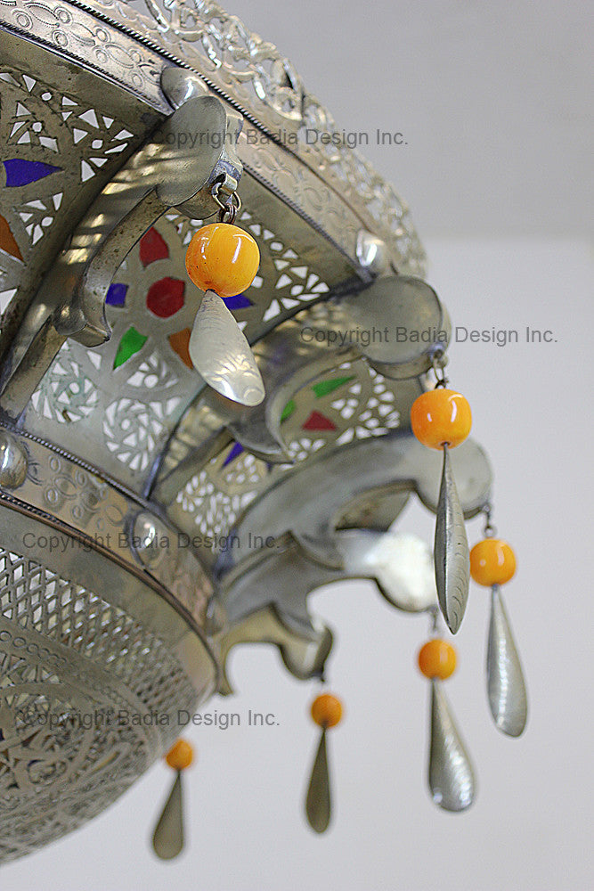 Moroccan Silver Chandelier with Multi-Color Glass Eyelets