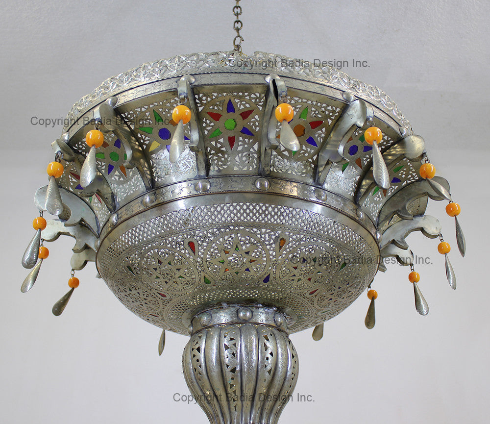 Moroccan Silver Chandelier with Multi-Color Glass Eyelets