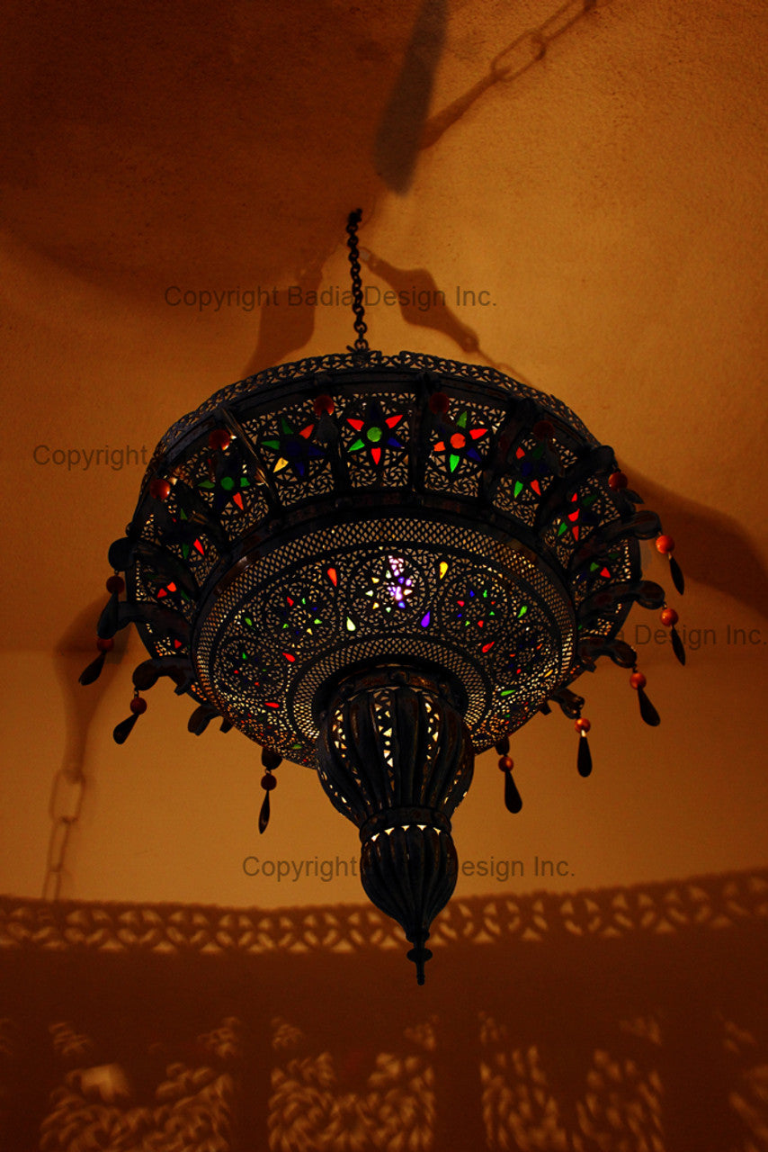 Moroccan Silver Chandelier with Multi-Color Glass Eyelets