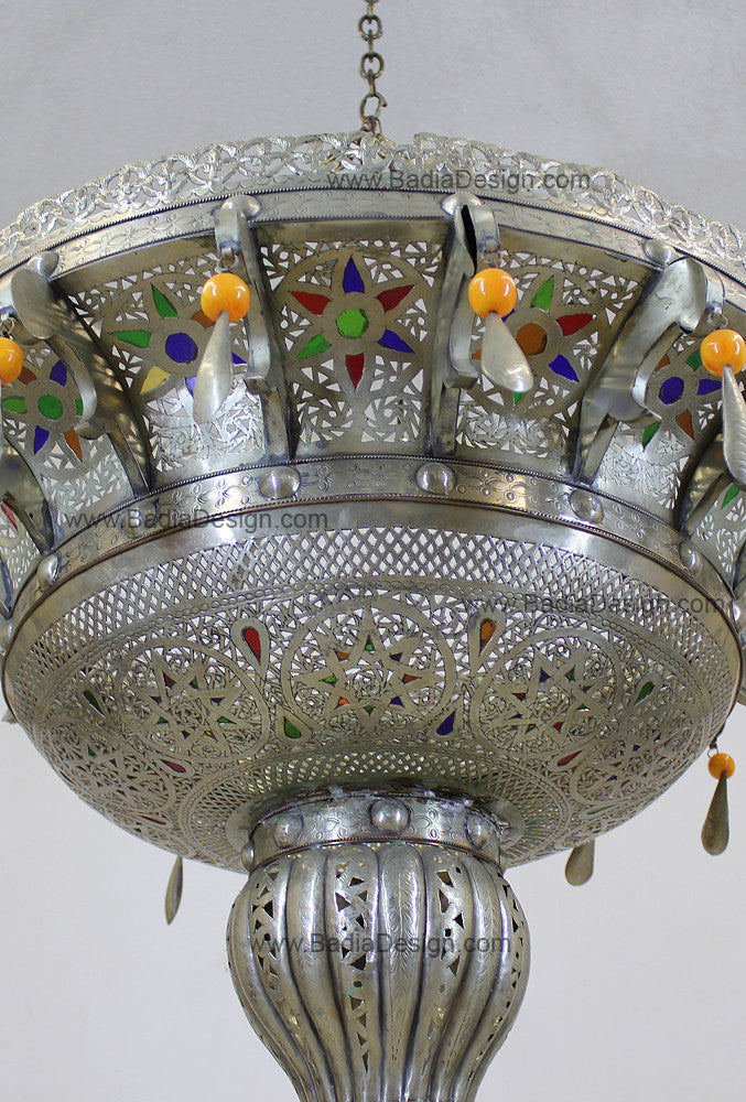 Moroccan Silver Chandelier with Multi-Color Glass Eyelets