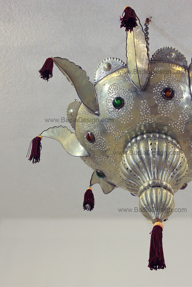 Moroccan Silver Chandelier with Multi-Color Glass Eyelets