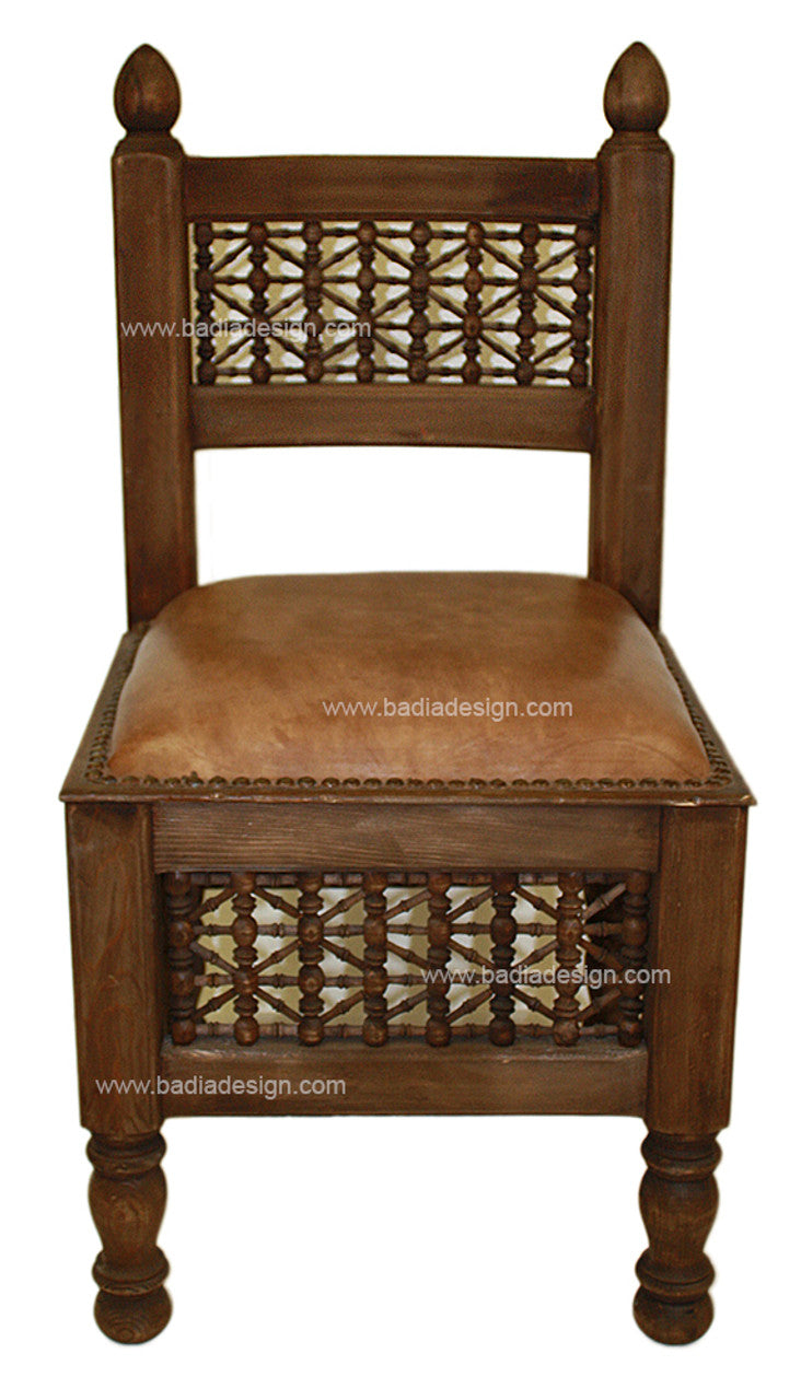 Hand Carved Moucharabieh Chair with Leather Seat