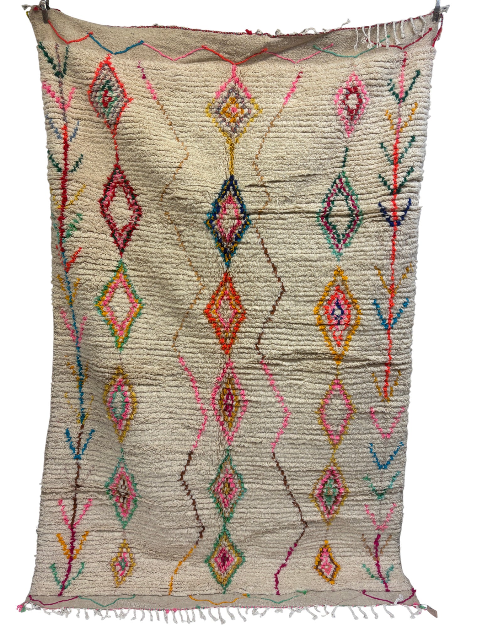 Vintage Azilal Moroccan Rug in Ivory Wool with Polychrome Diamond Columns