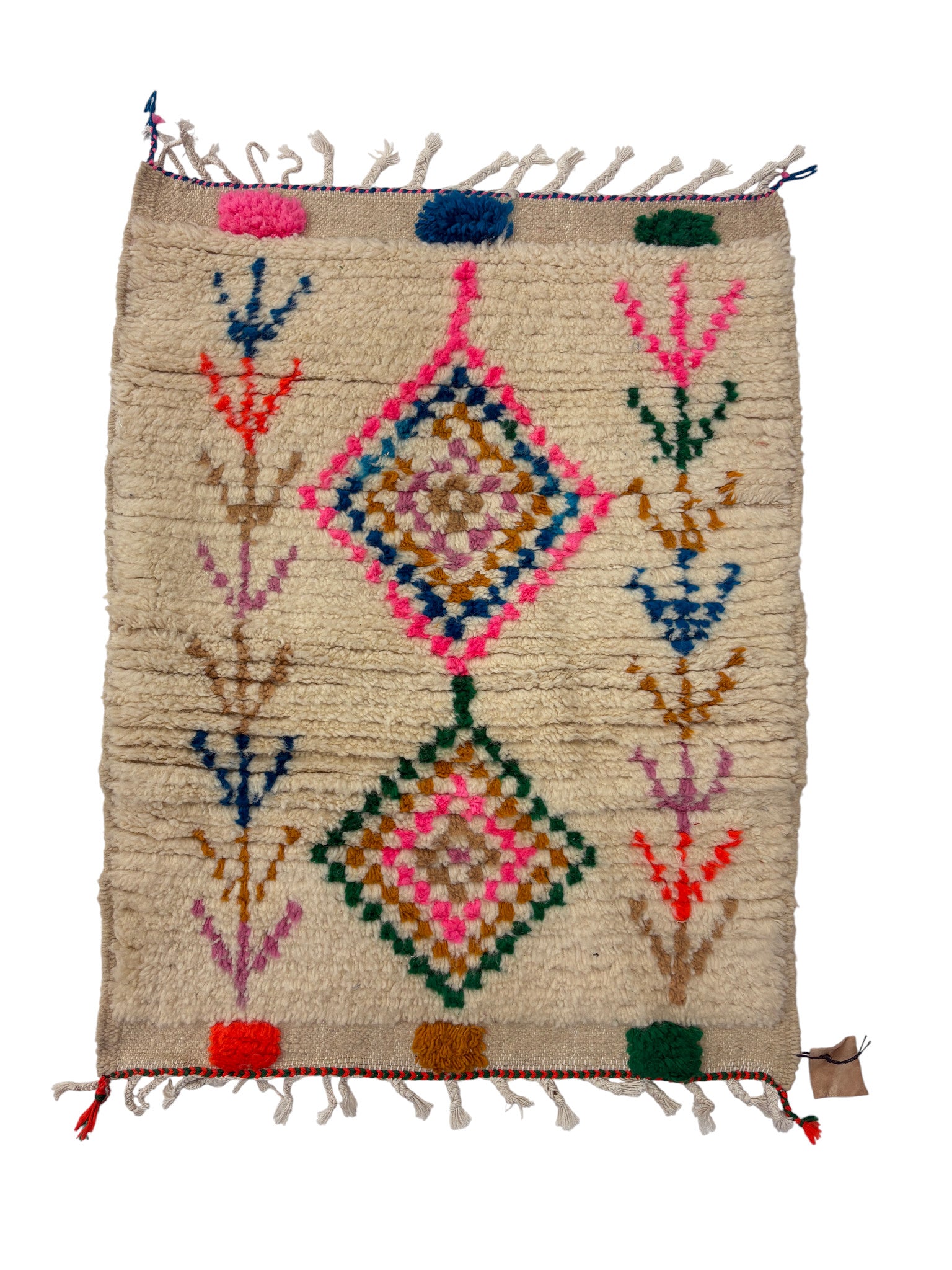 Handwoven Azilal Berber Accent Rug in Ivory Wool with Diamonds and Tribal Glyphs