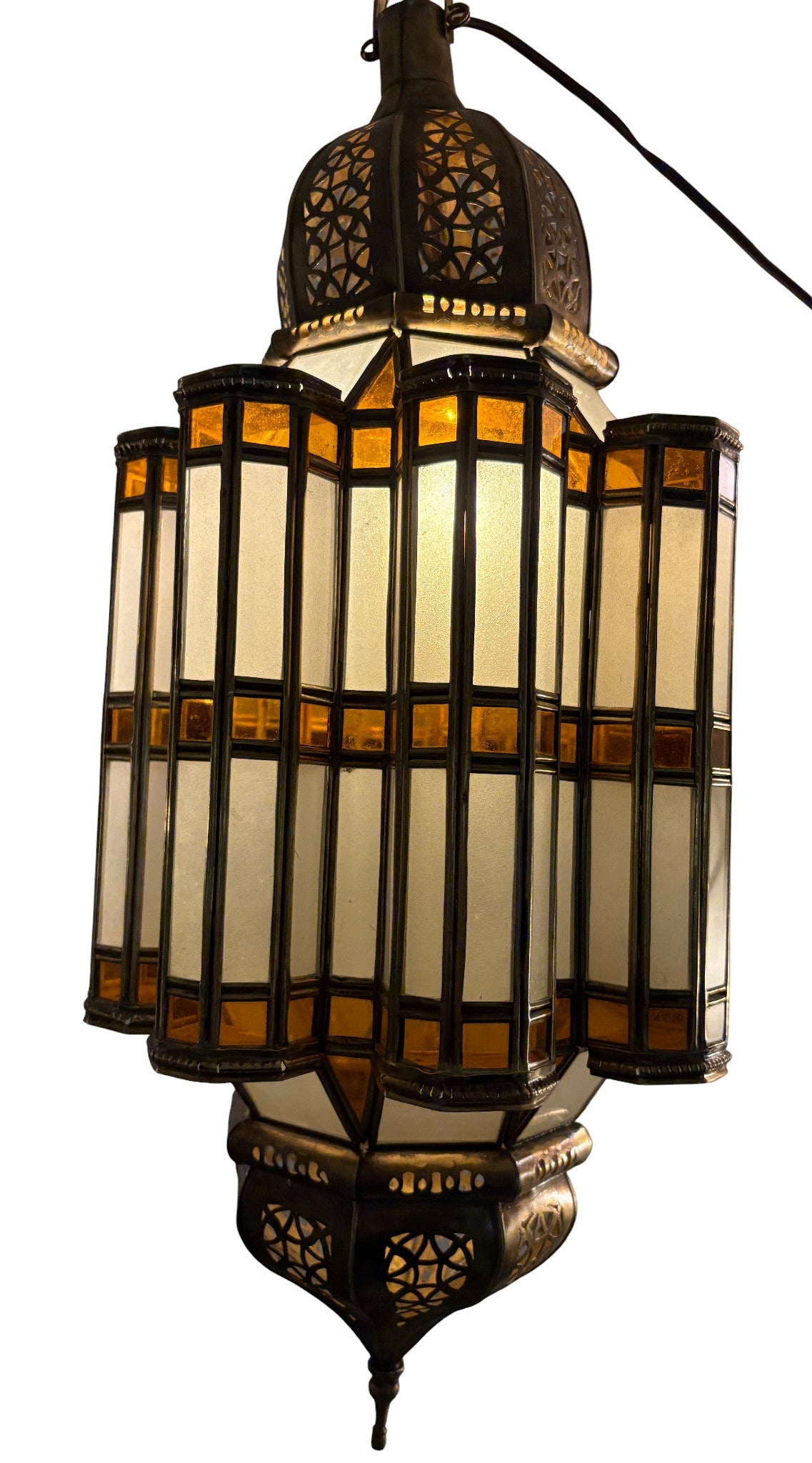 White and Amber Glass Brass Lamp