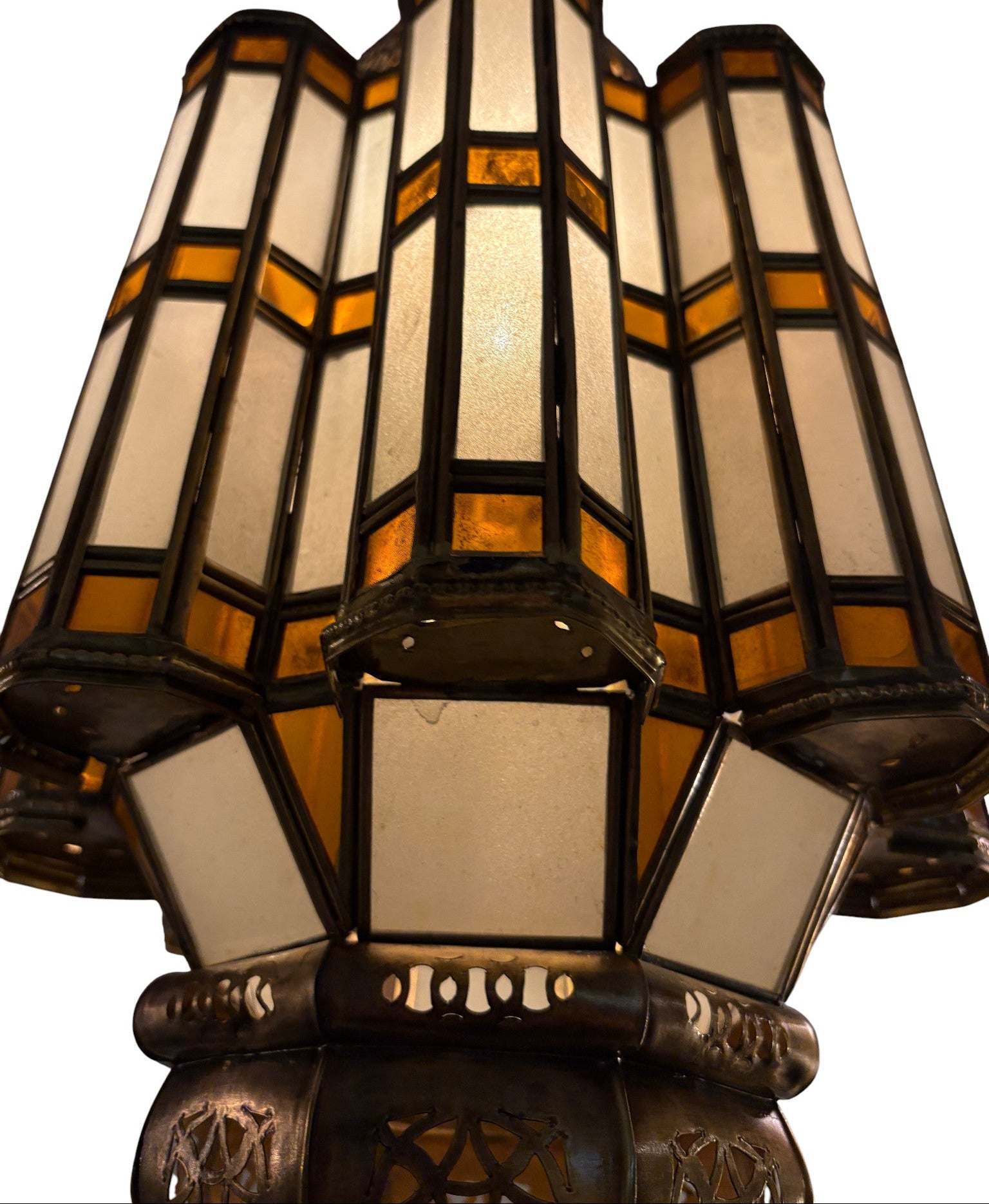 White and Amber Glass Brass Lamp