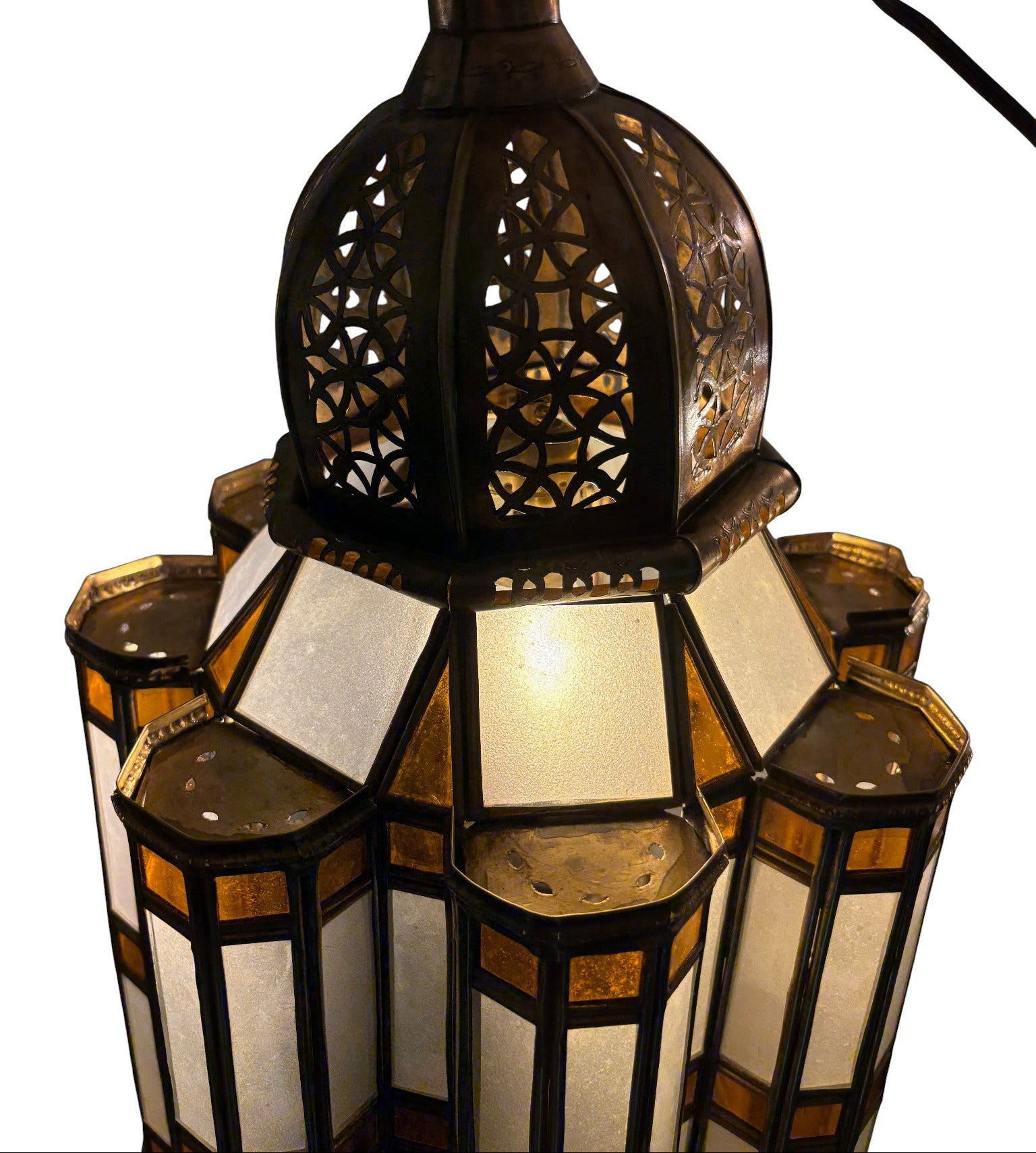 White and Amber Glass Brass Lamp