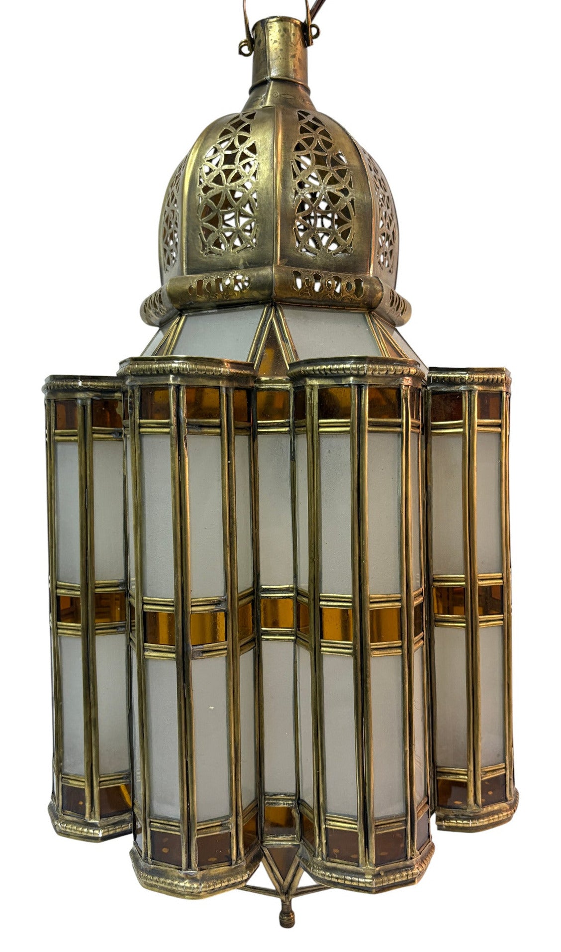 Large Amber and White Glass Brass Lantern