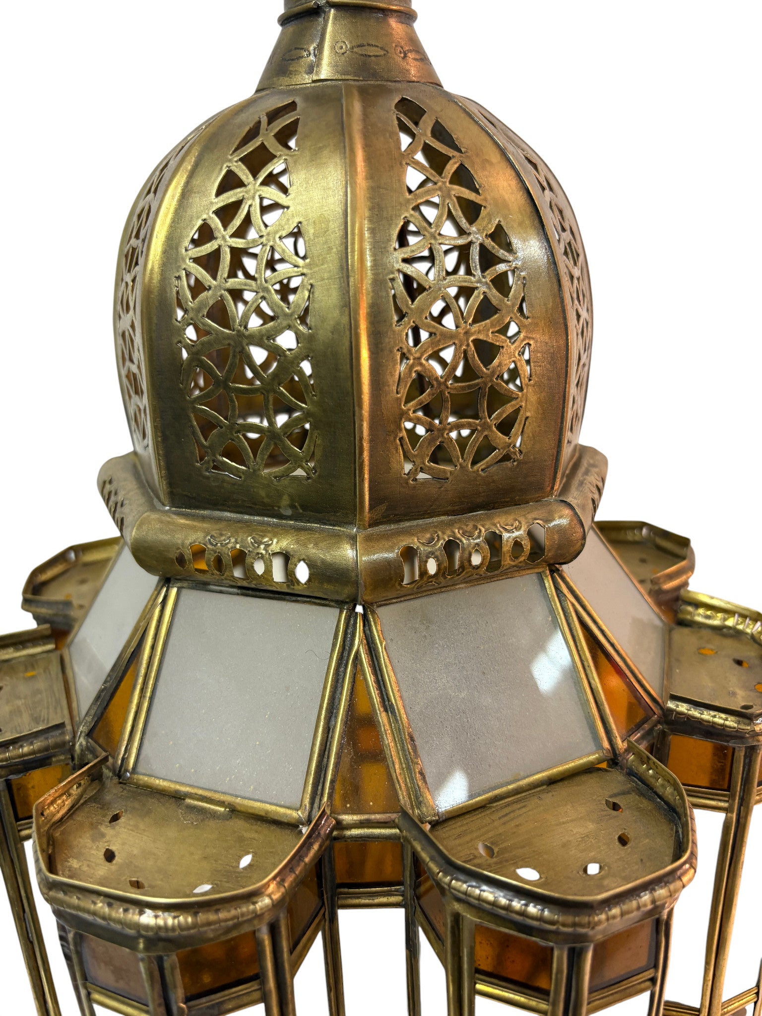 Large Amber and White Glass Brass Lantern