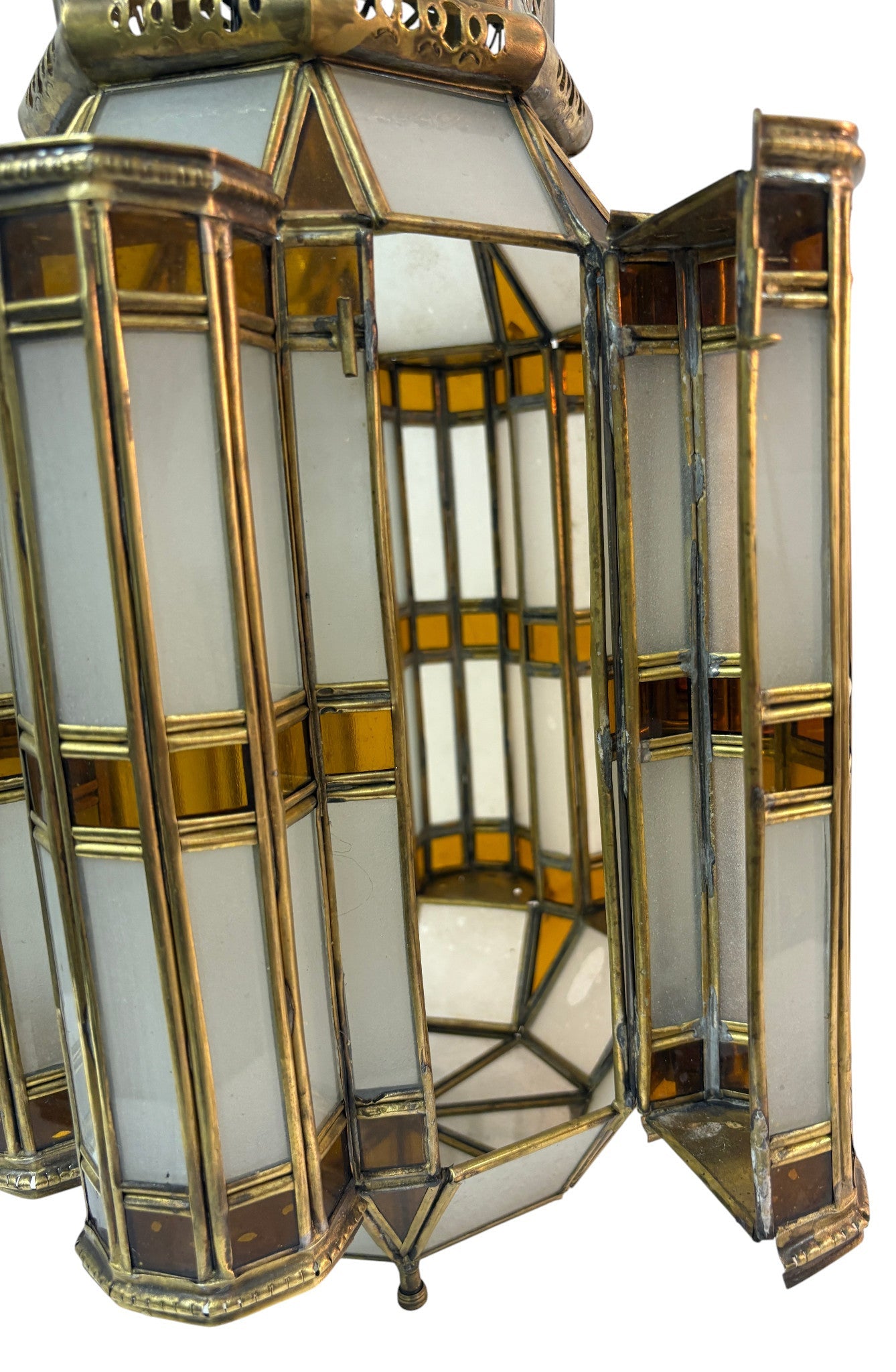 Large Amber and White Glass Brass Lantern
