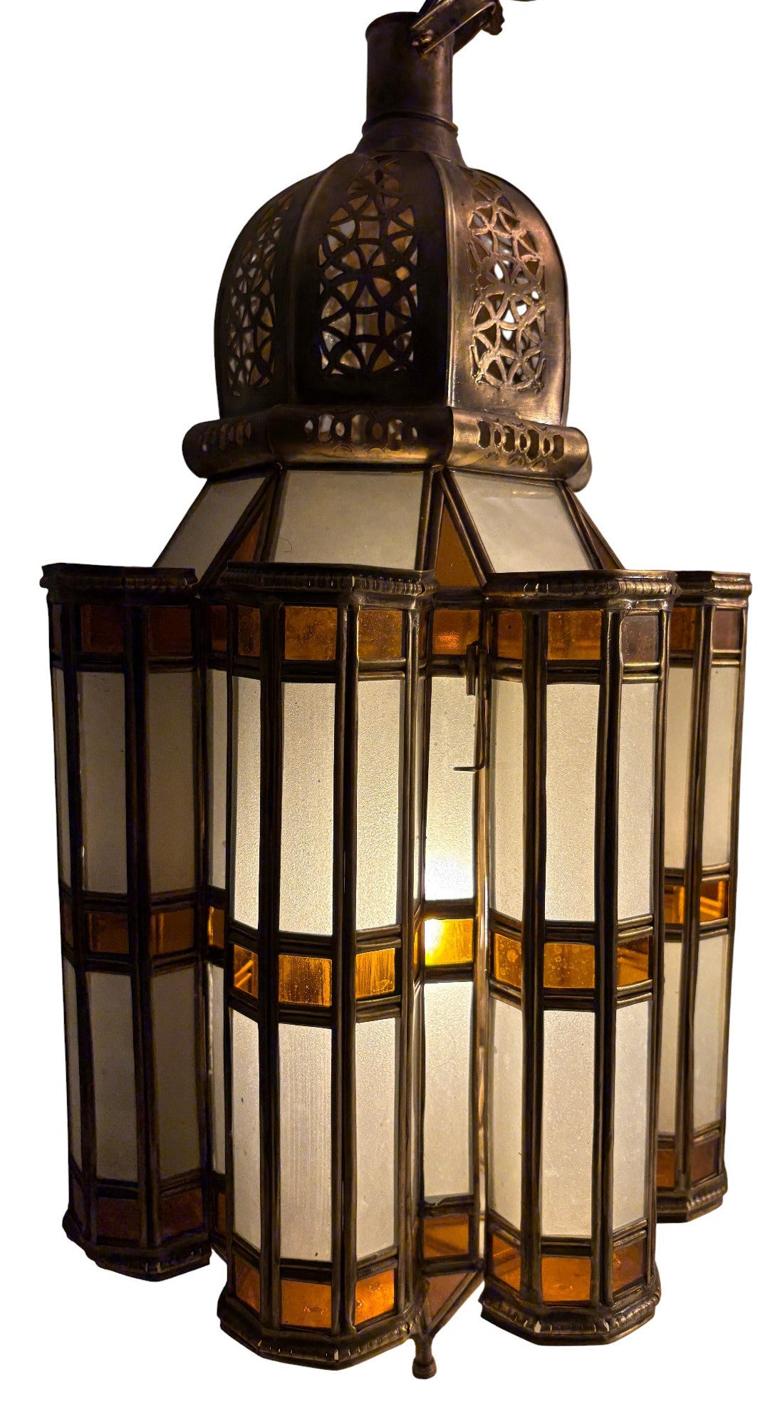 Large Amber and White Glass Brass Lantern