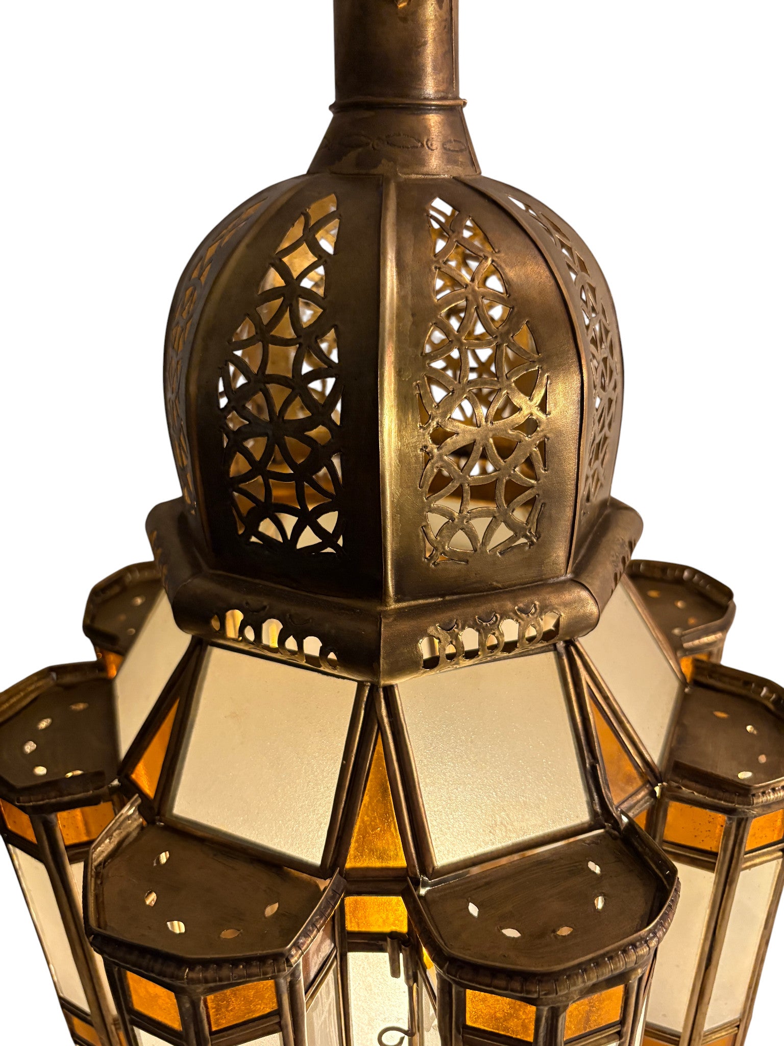 Large Amber and White Glass Brass Lantern