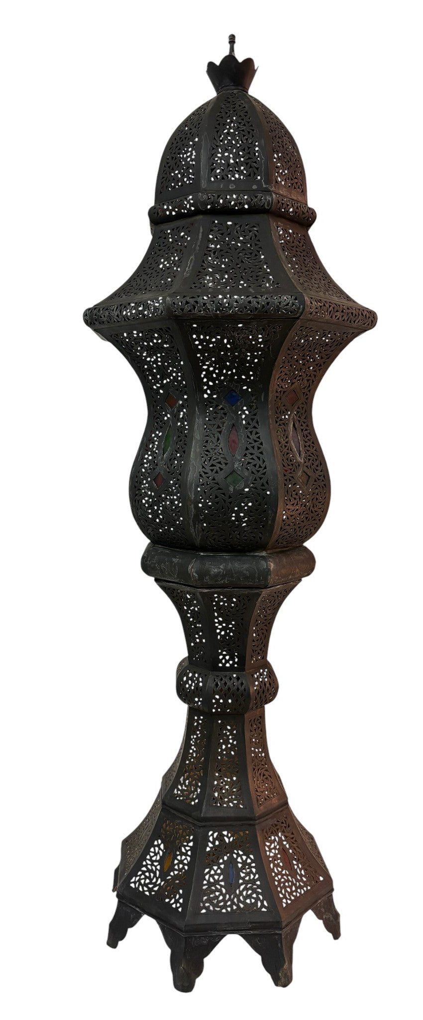 Tall Intricate Standing Patina Brass Lantern