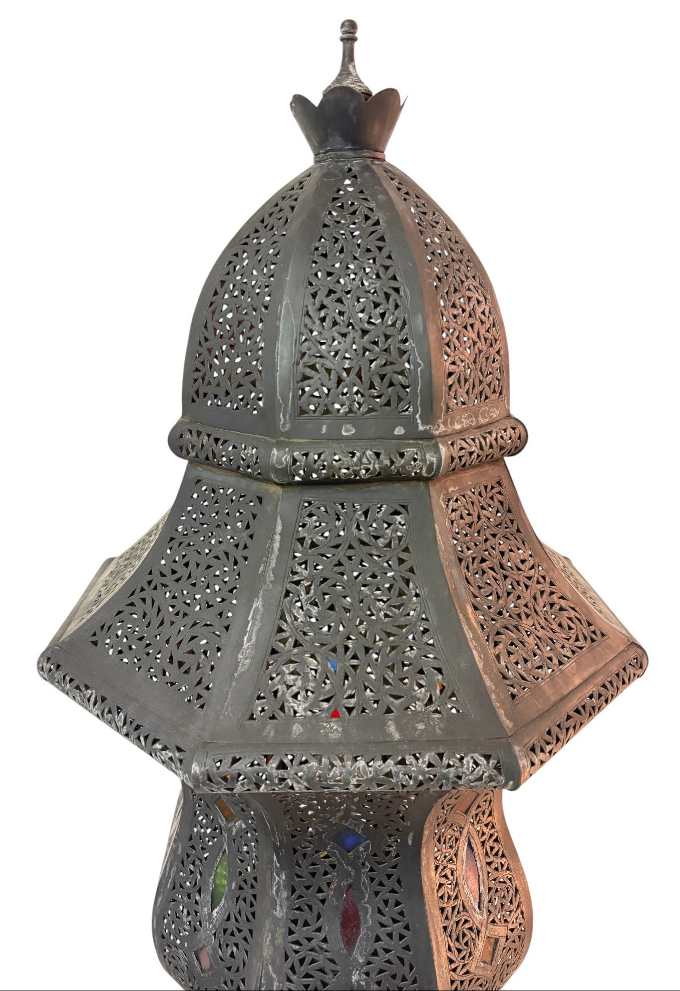 Tall Intricate Standing Patina Brass Lantern