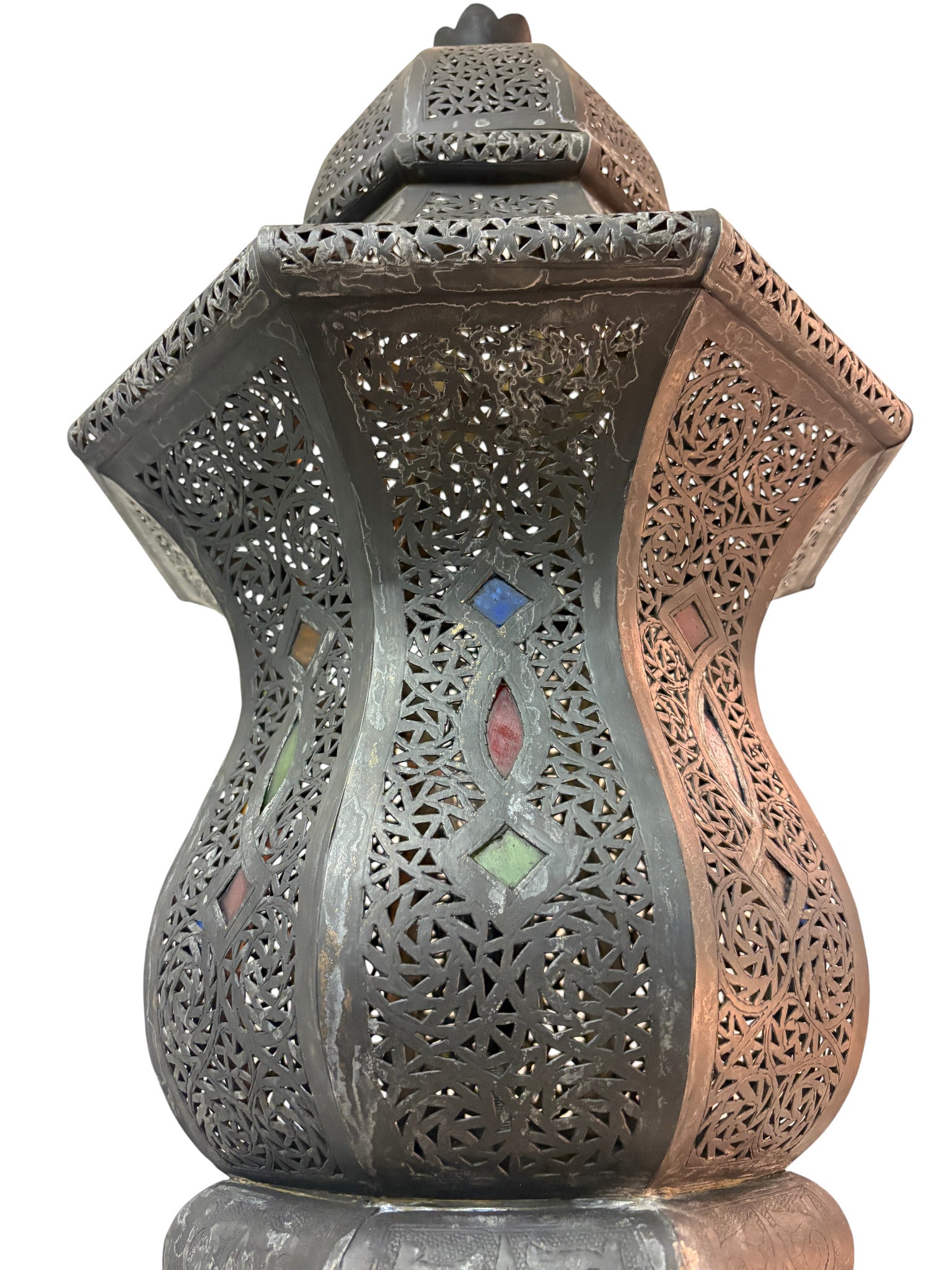 Tall Intricate Standing Patina Brass Lantern