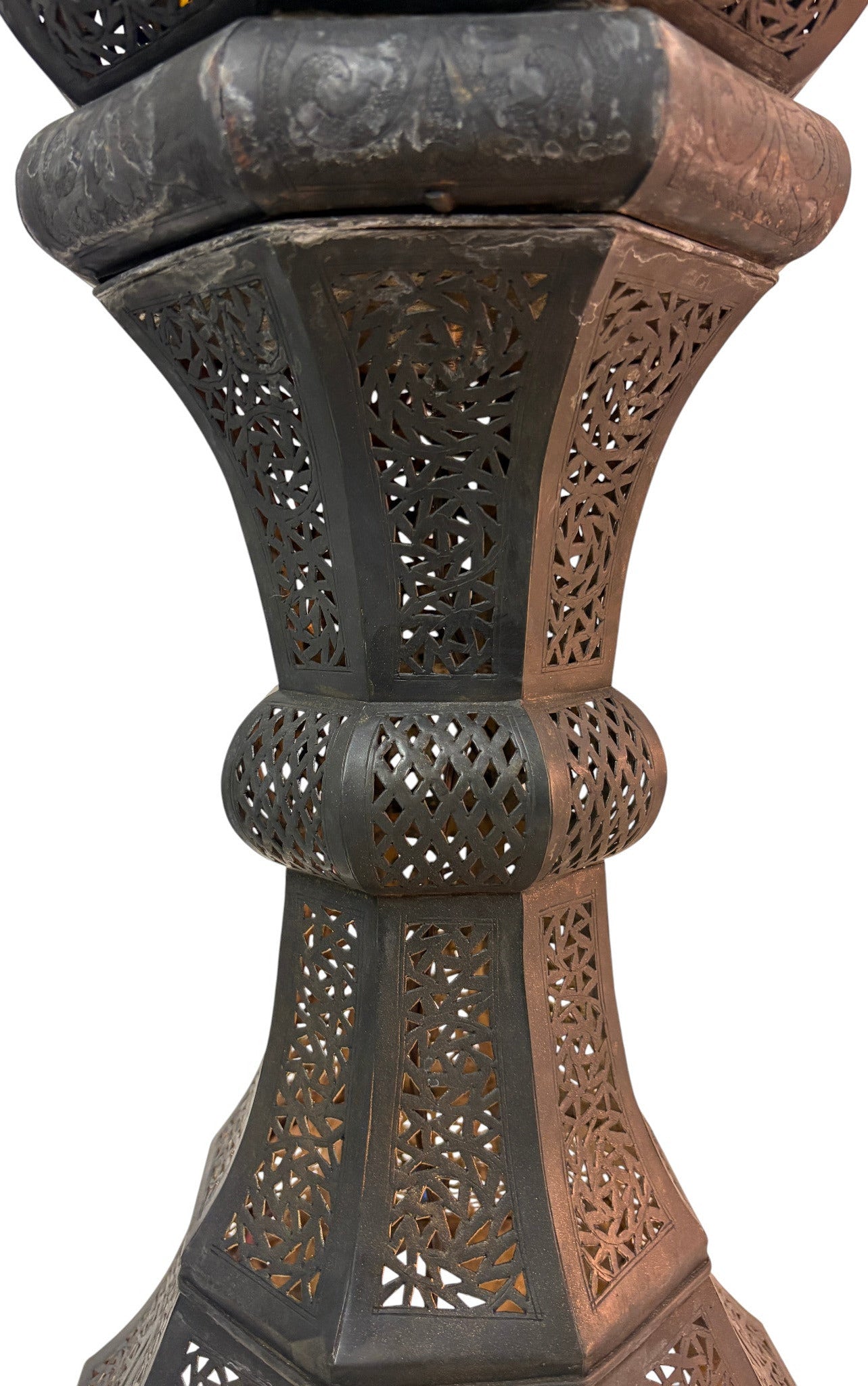 Tall Intricate Standing Patina Brass Lantern