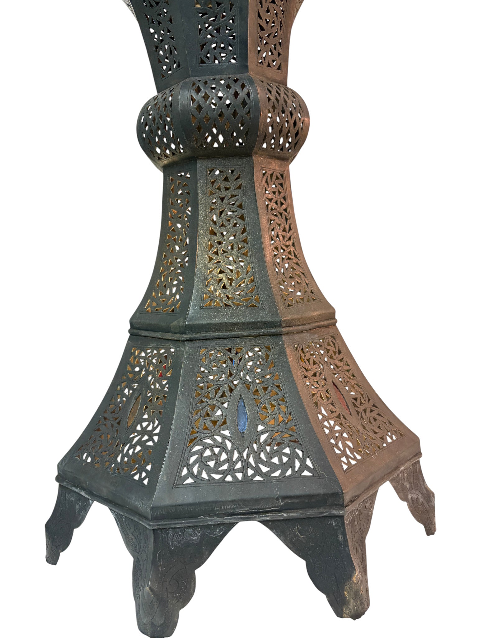 Tall Intricate Standing Patina Brass Lantern