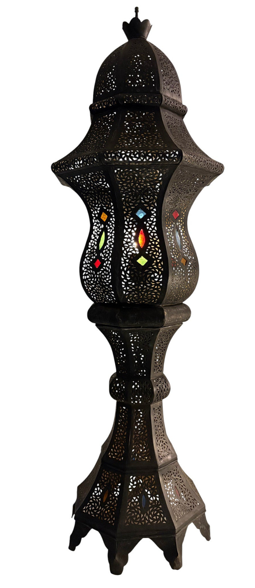 Tall Intricate Standing Patina Brass Lantern