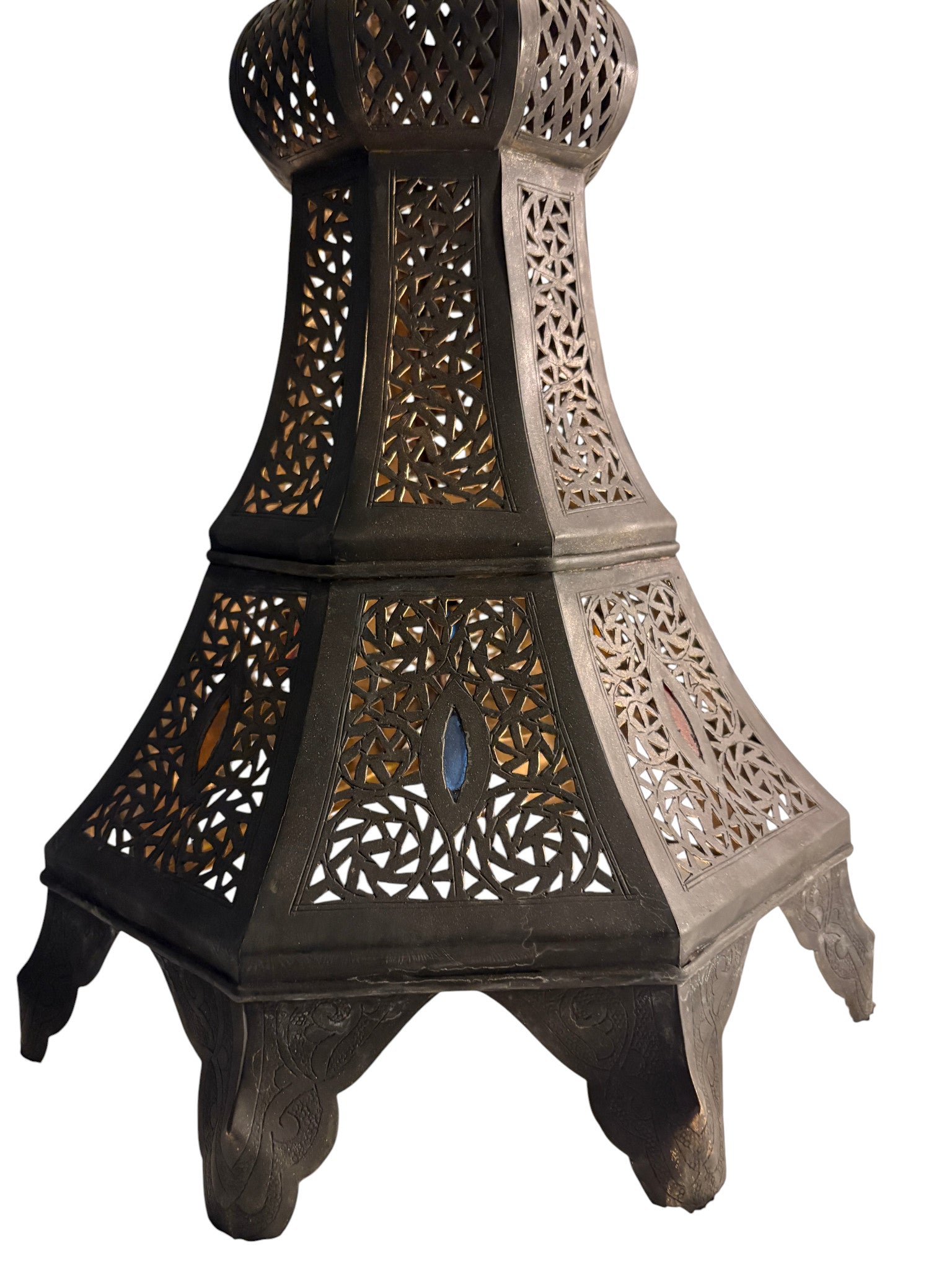 Tall Intricate Standing Patina Brass Lantern