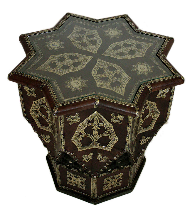 Vintage Embossed Metal and Leather Star Table with Glass Top