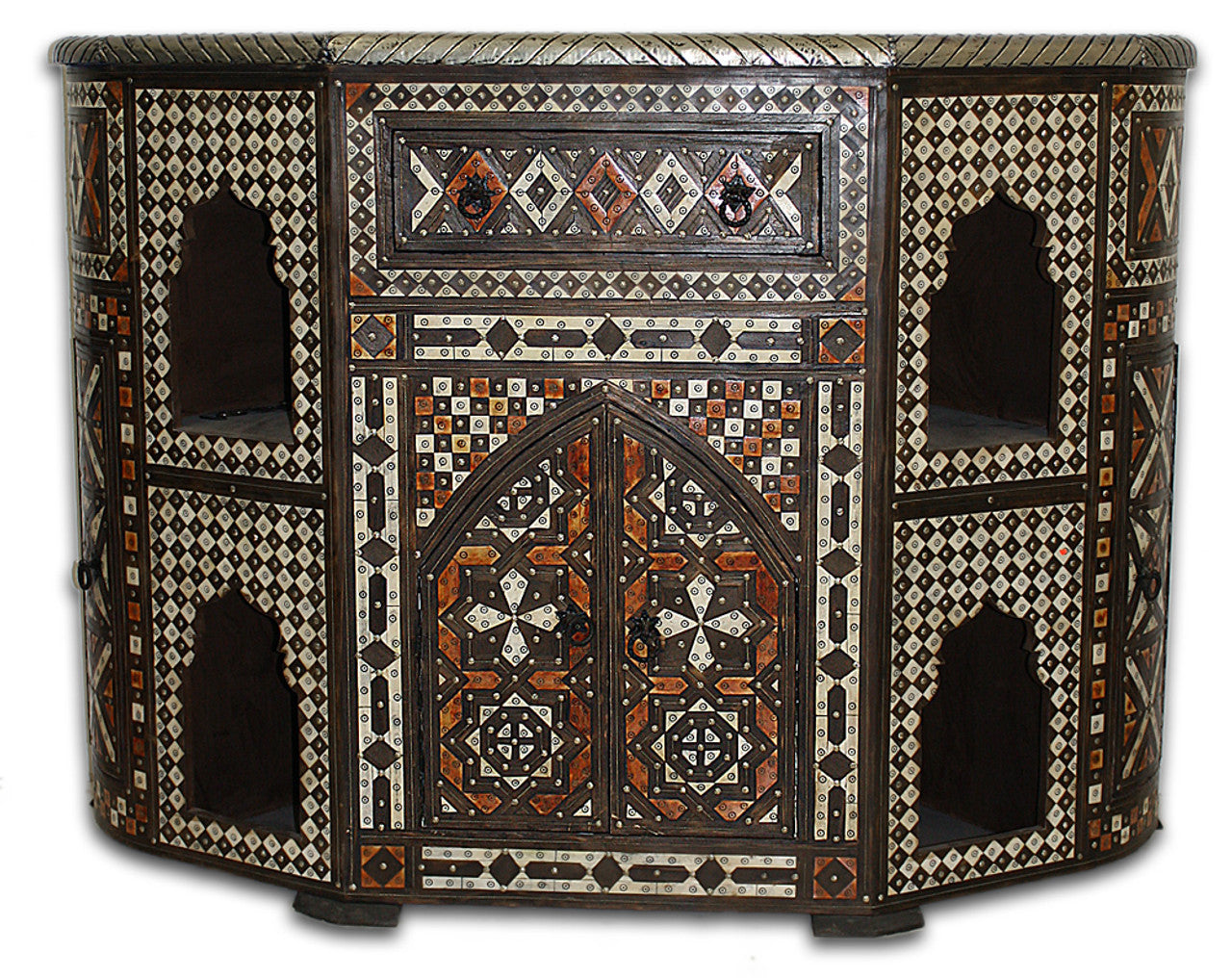 Bone Inlay and Embossed Metal Cabinet with Mirror