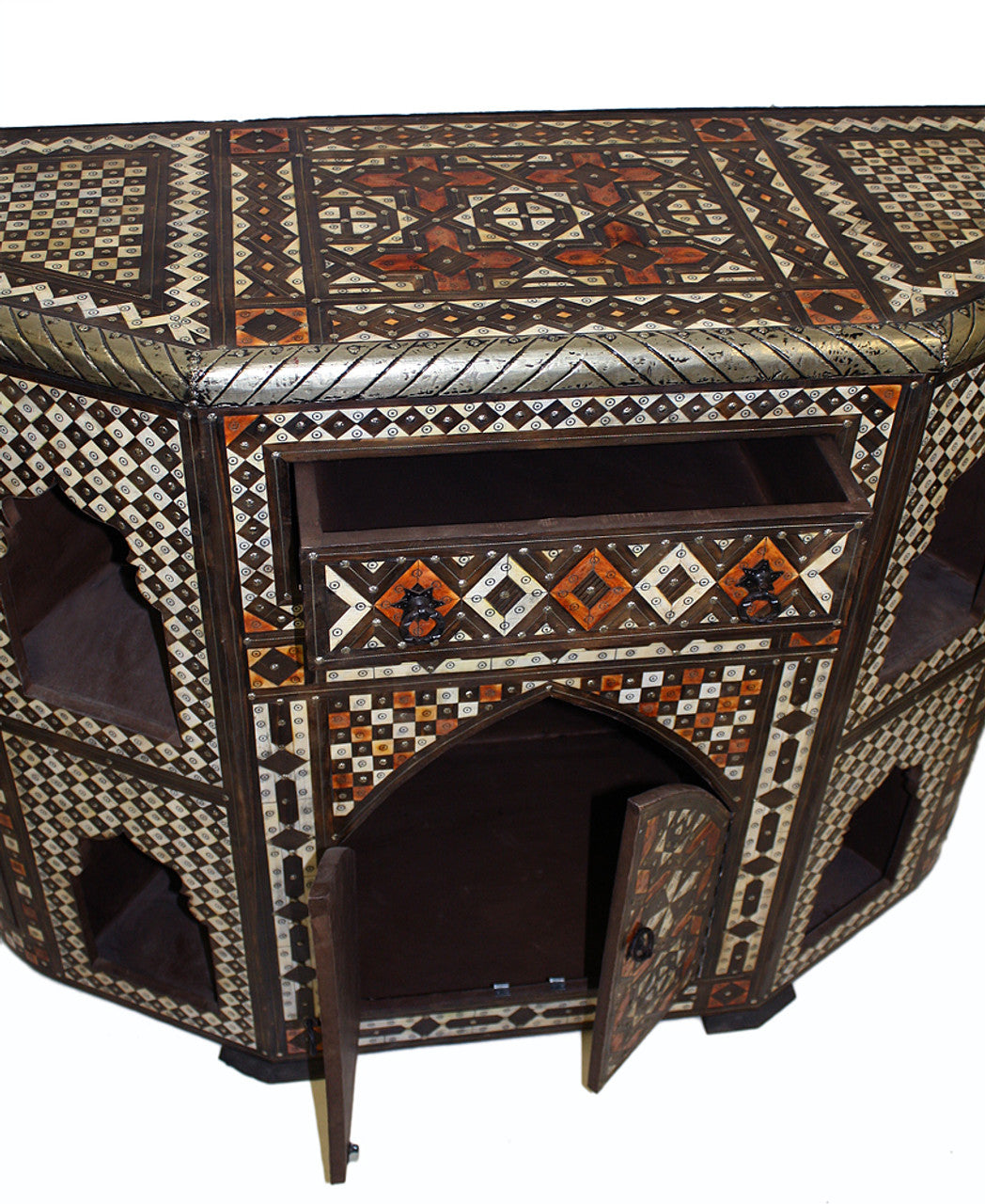 Bone Inlay and Embossed Metal Cabinet with Mirror