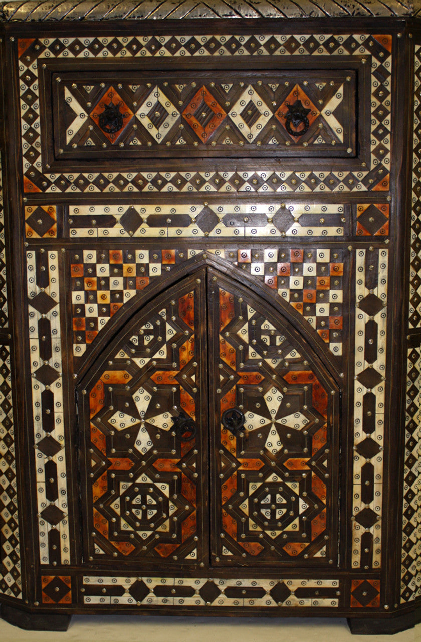 Bone Inlay and Embossed Metal Cabinet with Mirror