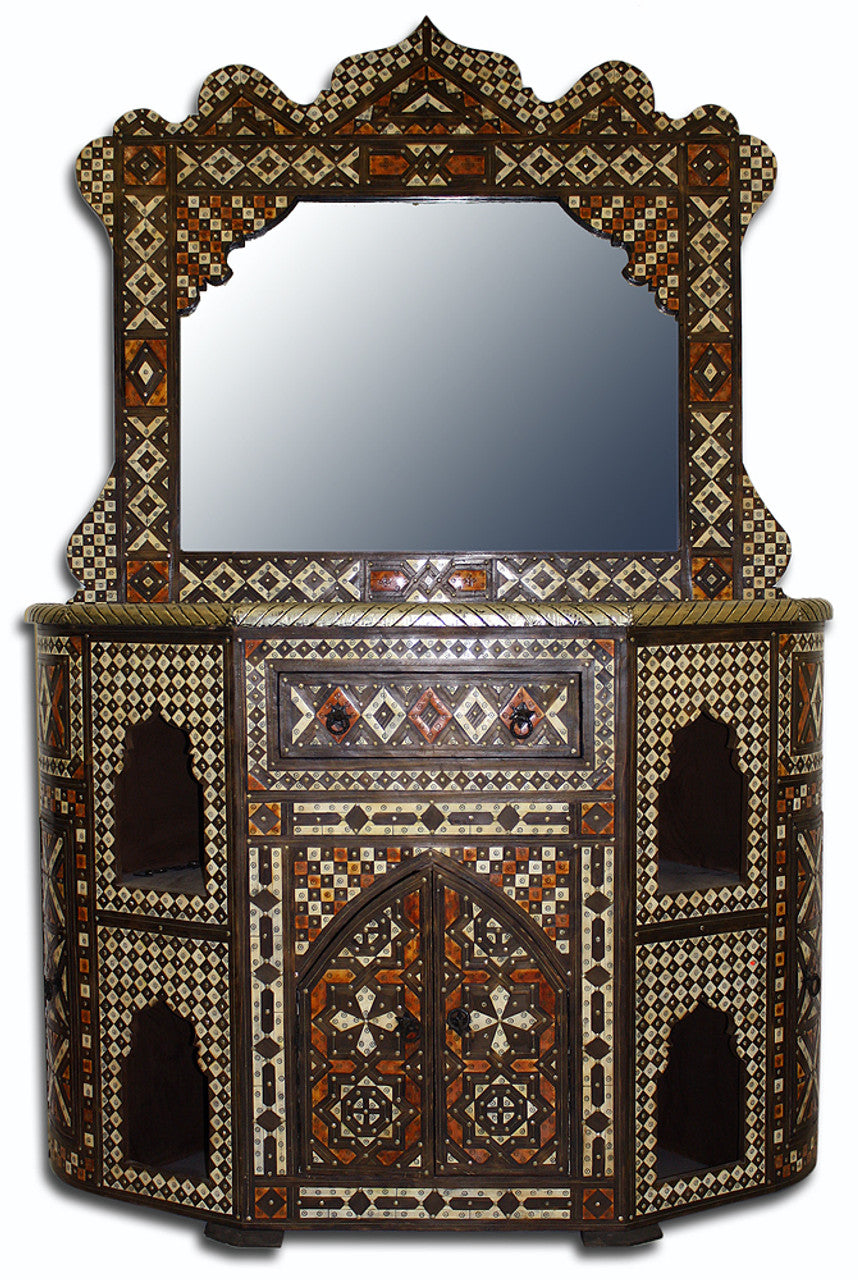 Bone Inlay and Embossed Metal Cabinet with Mirror