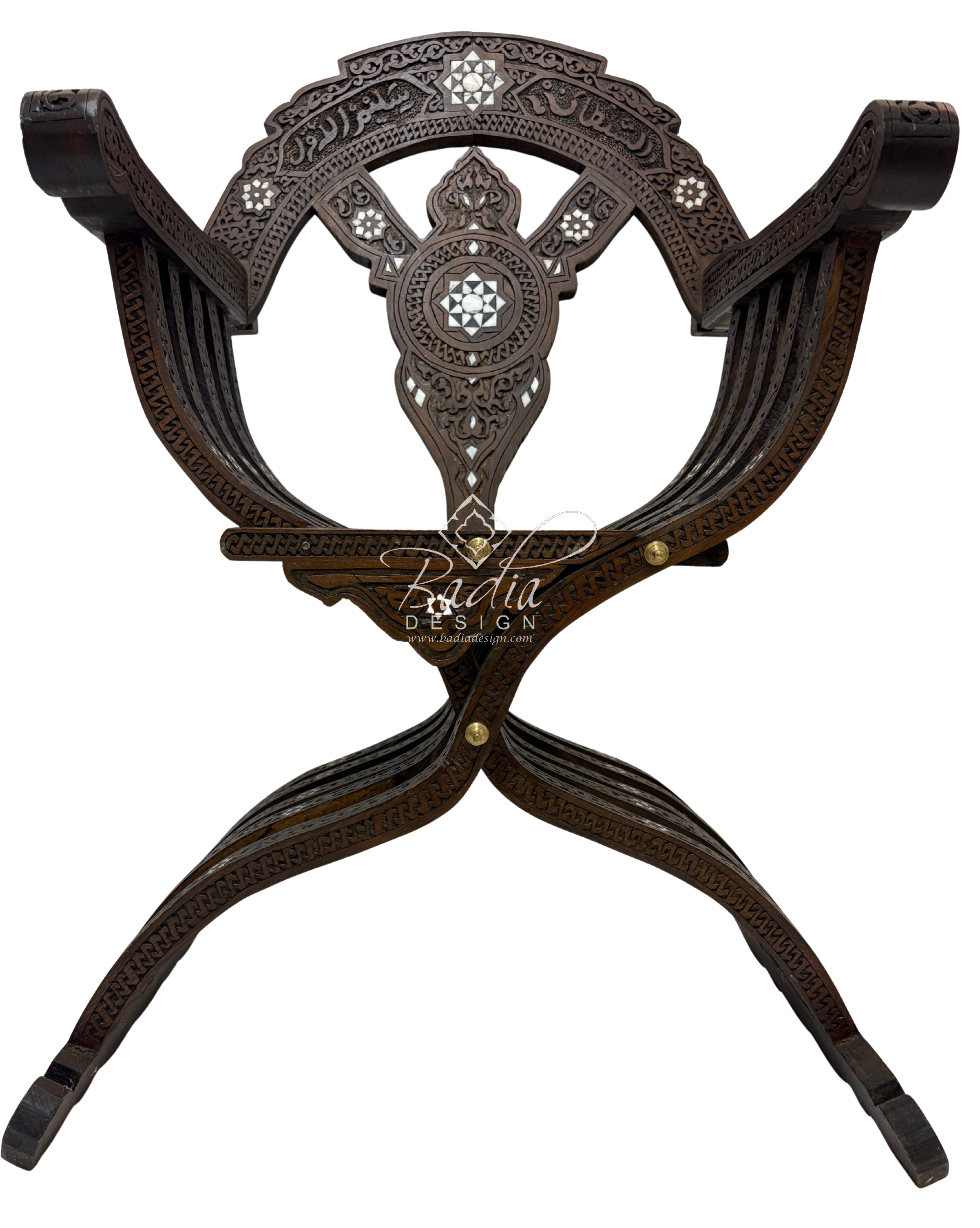 Decorative metal stand with intricate design on a white background, featuring the brand &