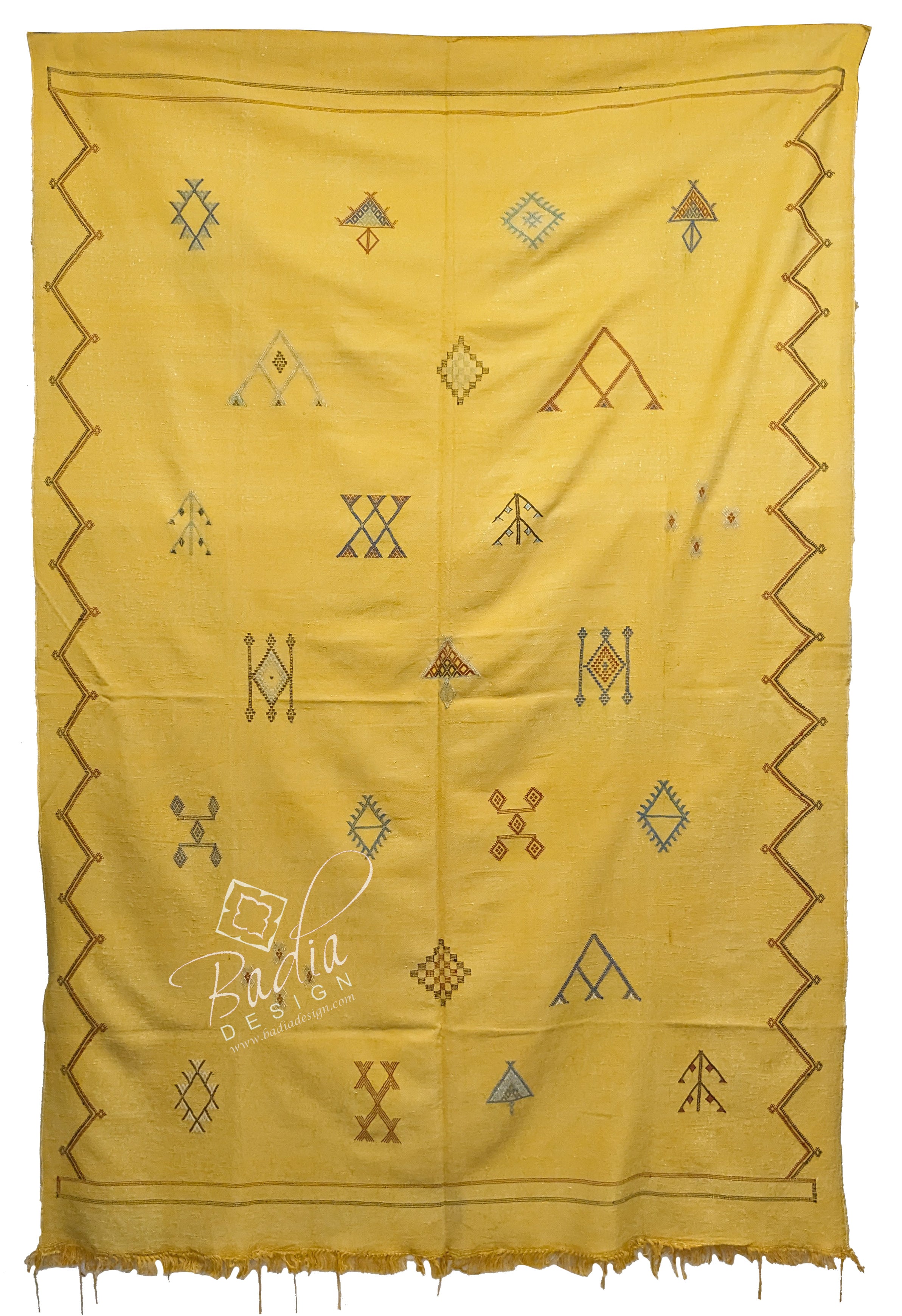 Yellow Cactus Silk Rug with Tribal Designs