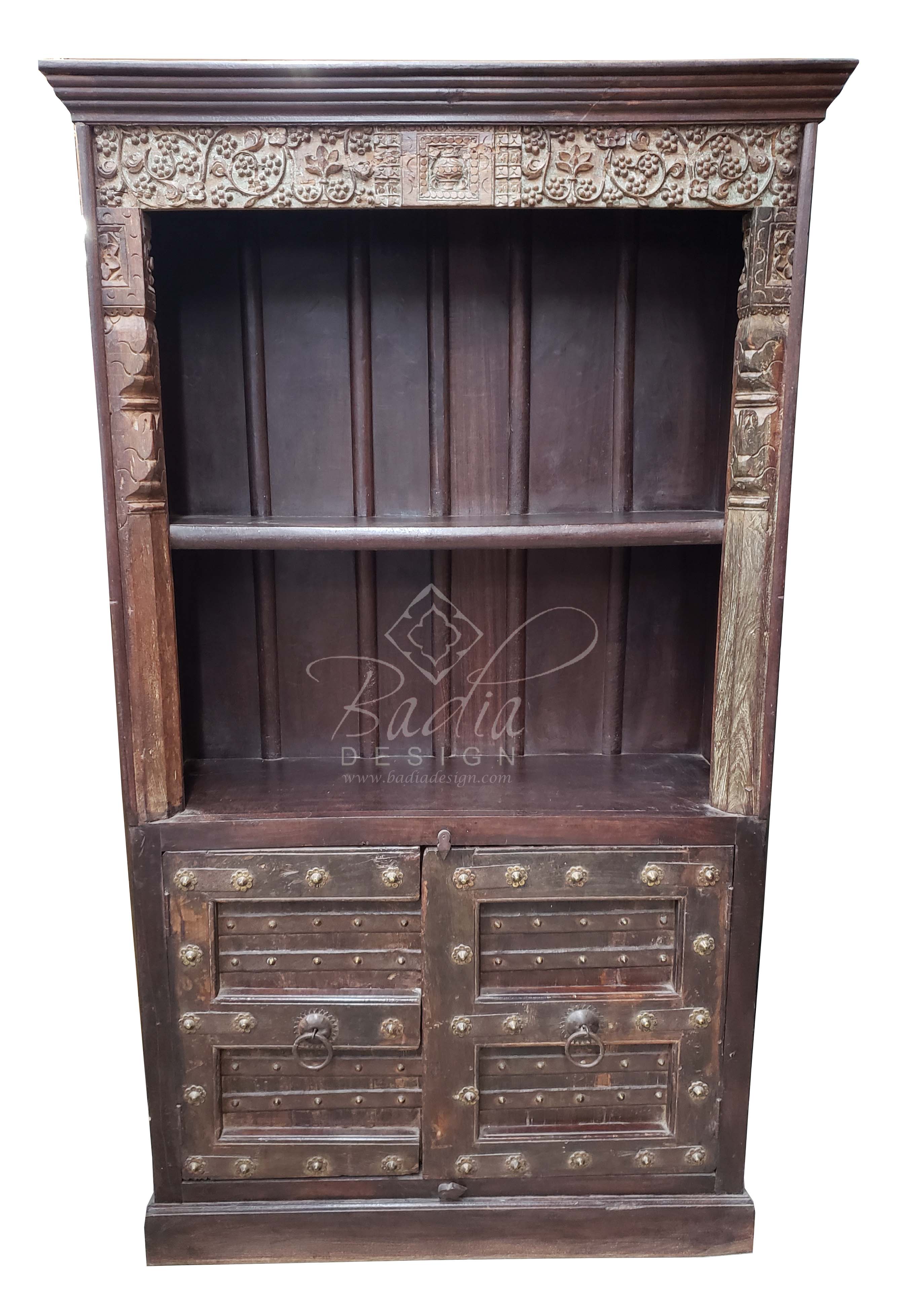 Tall Vintage Hand Carved Metal and Wood Cabinet - CW-CA073