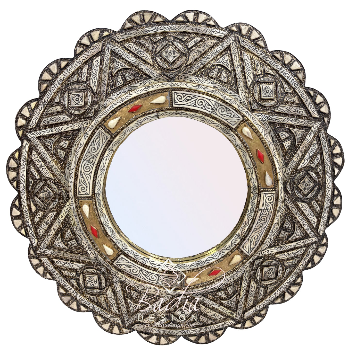 Decorative Round Mirror with Geometric Metal and Bone Design