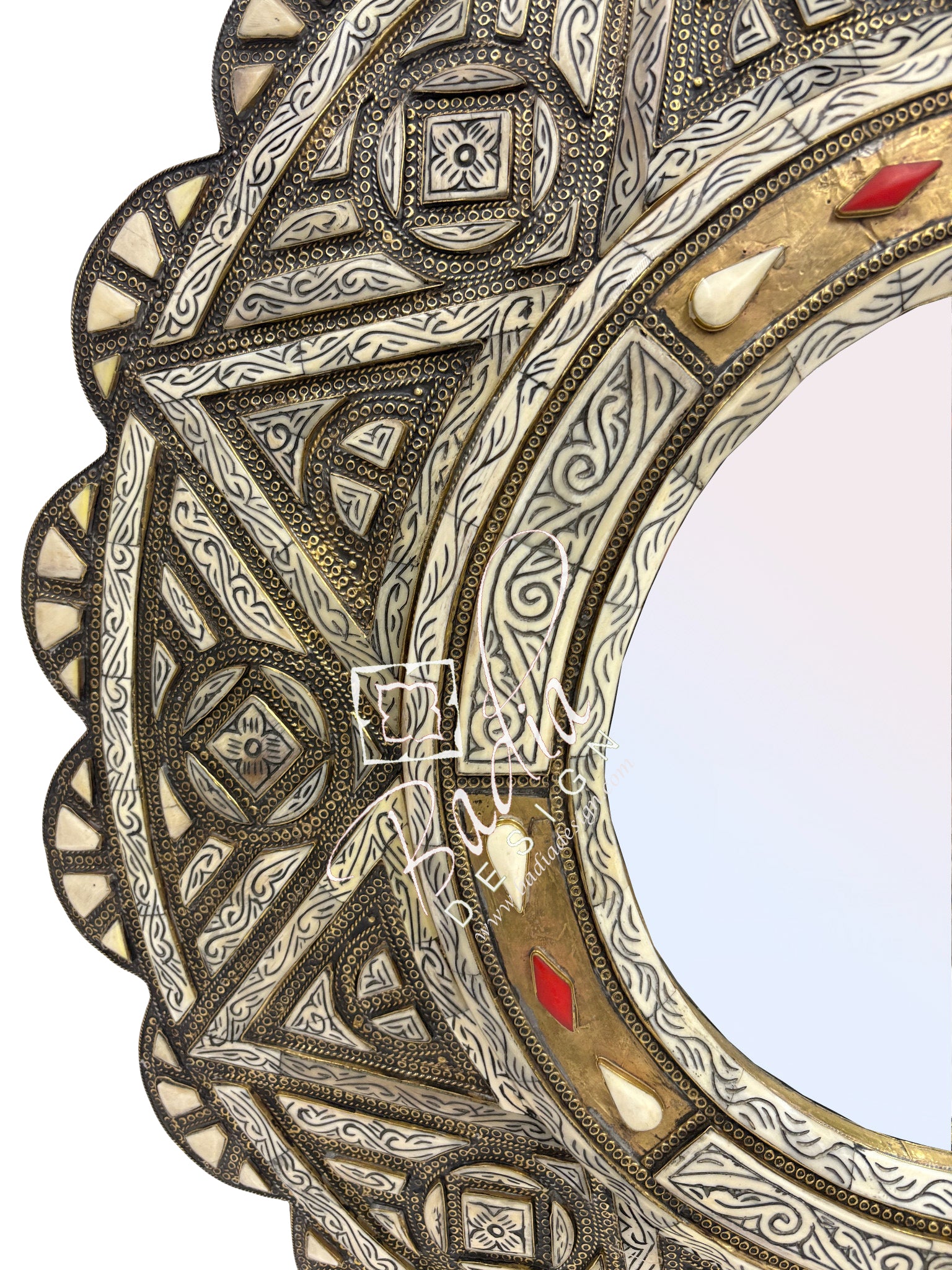 Decorative Round Mirror with Geometric Metal and Bone Design