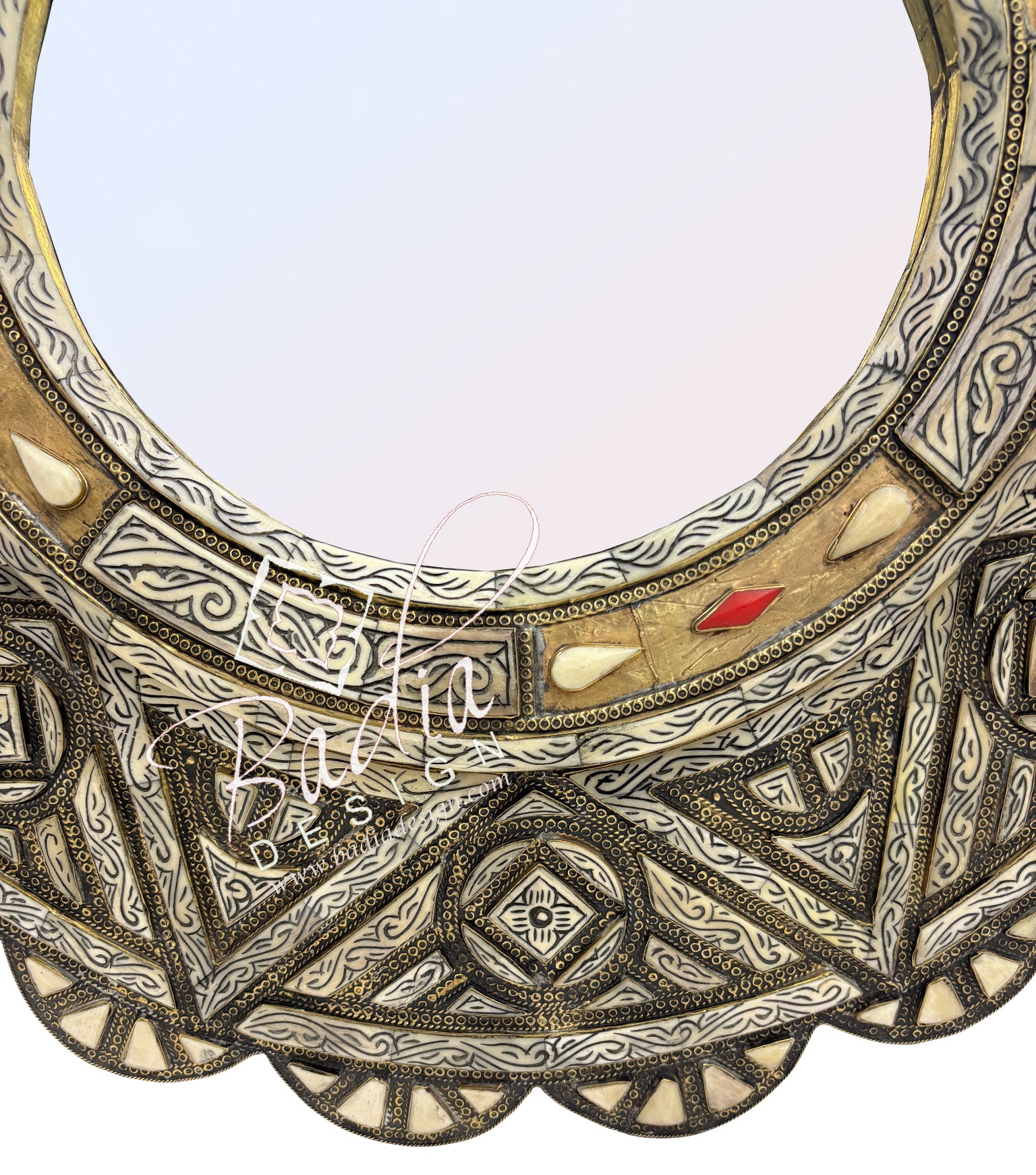 Decorative Round Mirror with Geometric Metal and Bone Design
