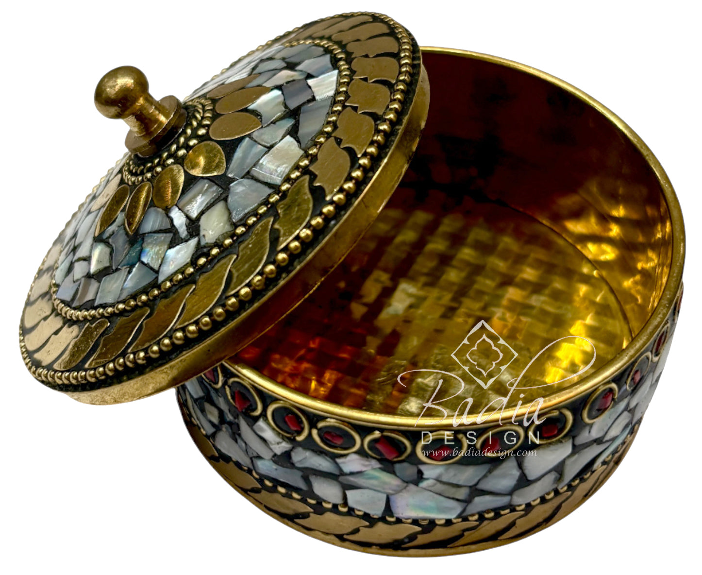 Decorative jewelry box with mosaic design and gold accents on a white background with open lid