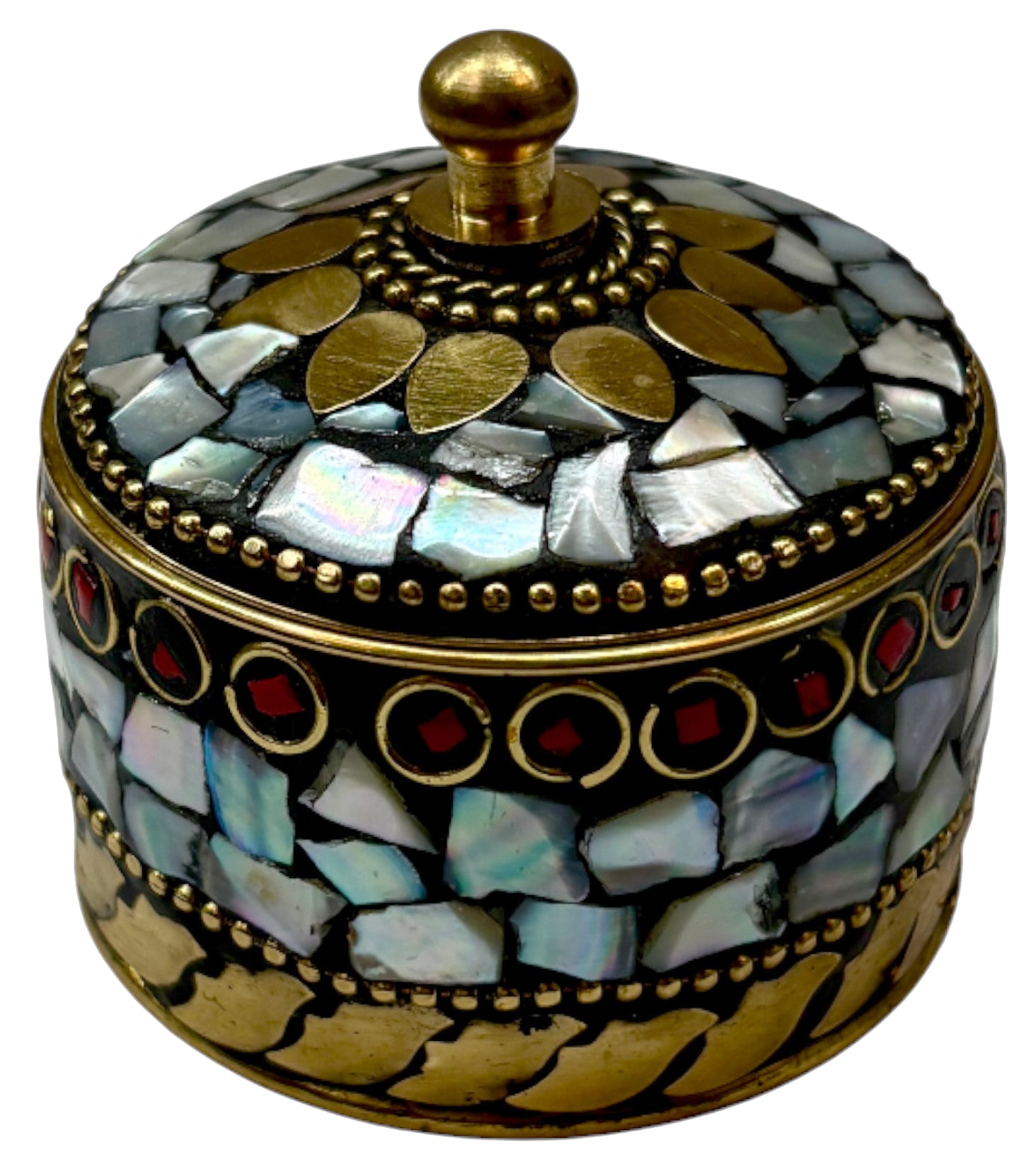Decorative jewelry box with mosaic design and gold accents on a white background