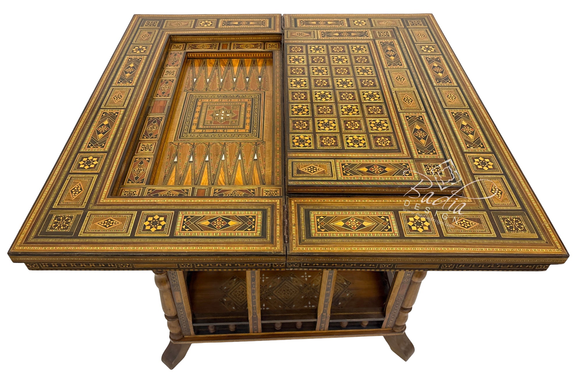 Inlaid Syrian Design Backgammon Game Table with Maroon Interior
