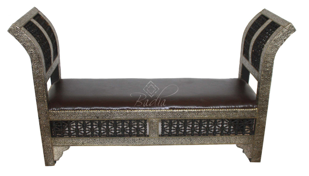 Hand Carved Silver Nickel Leather Bench
