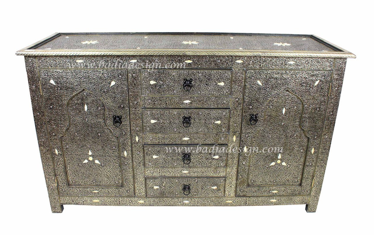 Intricate Embossed Metal and Bone Inlay Cabinet