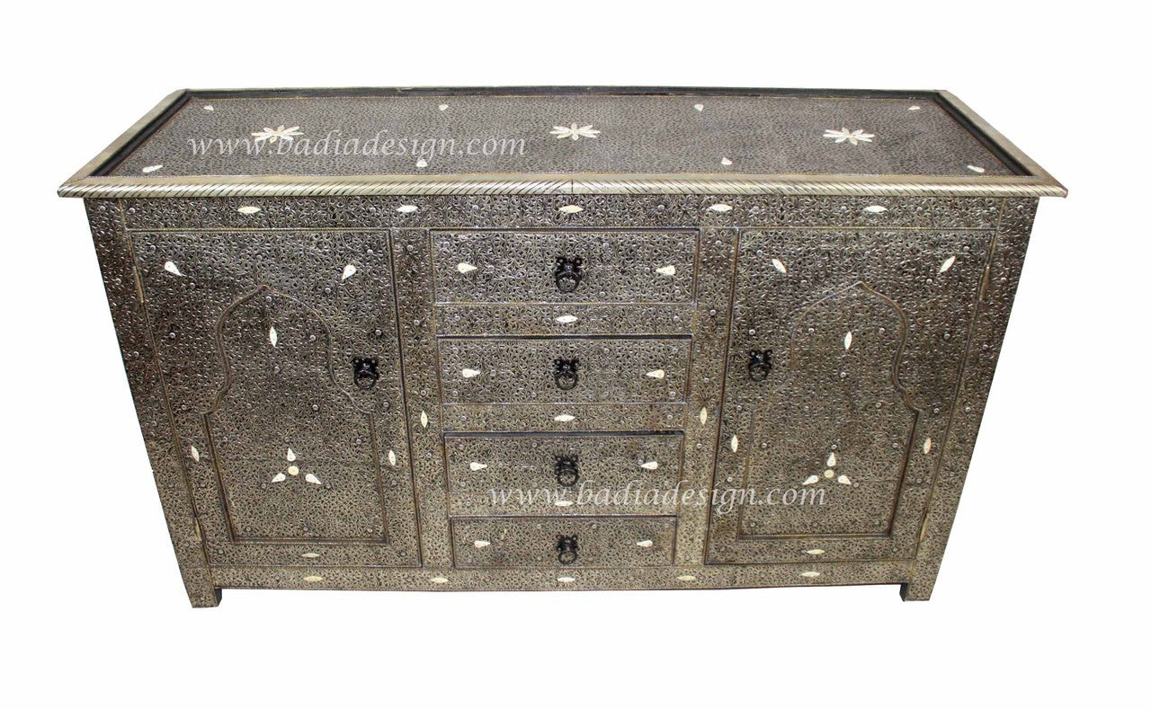 Intricate Embossed Metal and Bone Inlay Cabinet