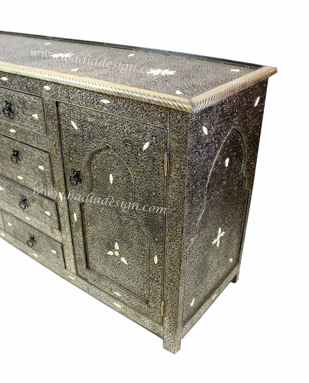 Intricate Embossed Metal and Bone Inlay Cabinet