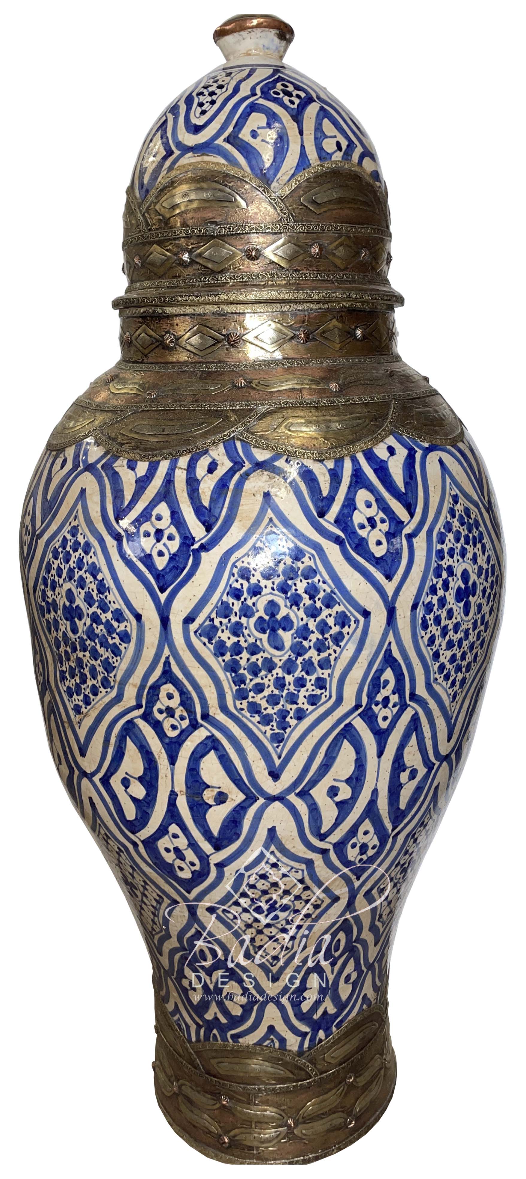 Large Moroccan Blue Metal and Ceramic Urn