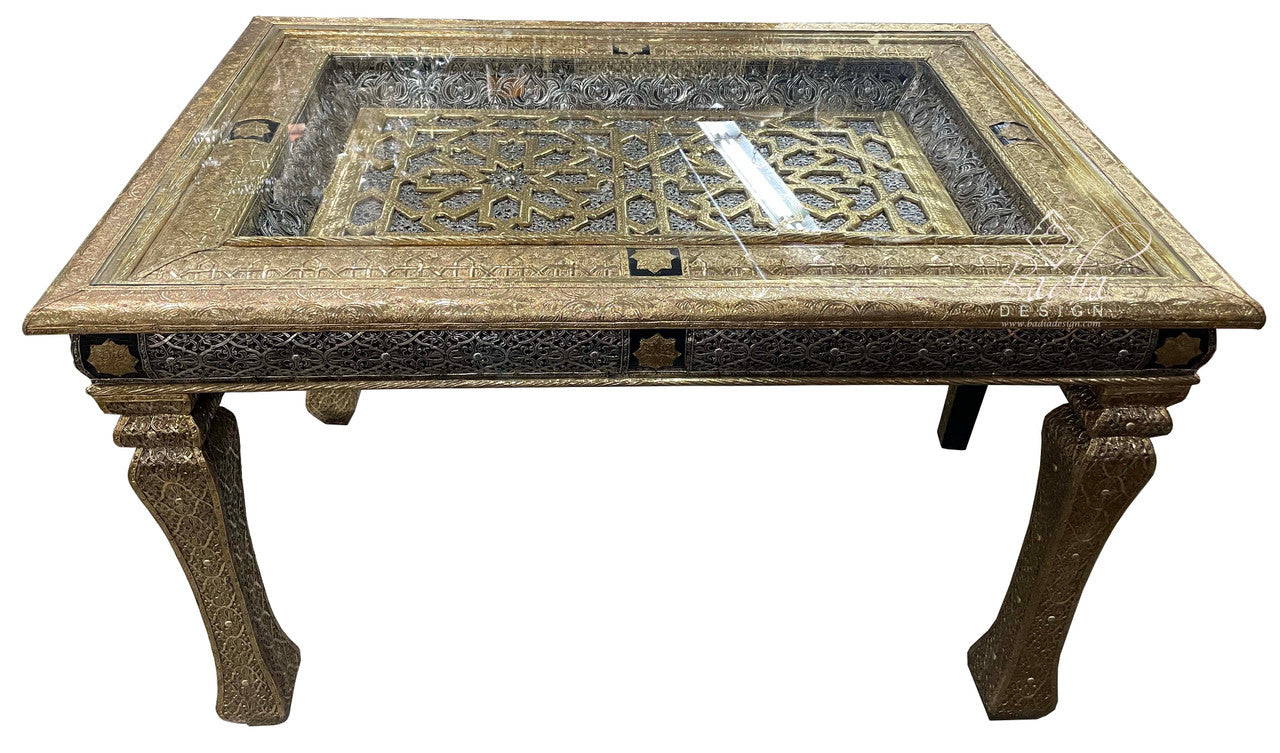Embossed Brass Dining Room Table with Four Chairs Set
