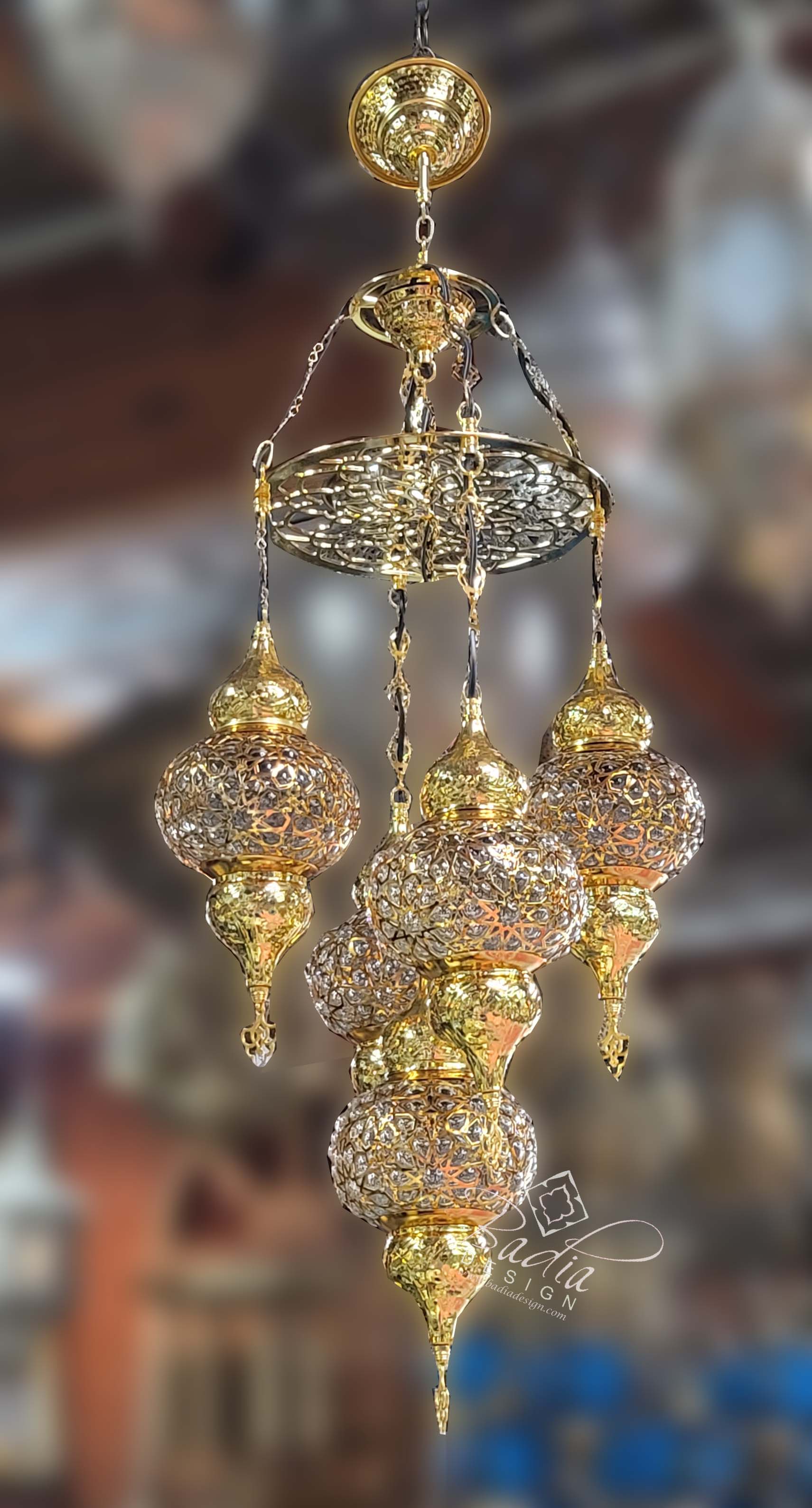Turkish Chandelier with Clear Glass and Brass Canopies