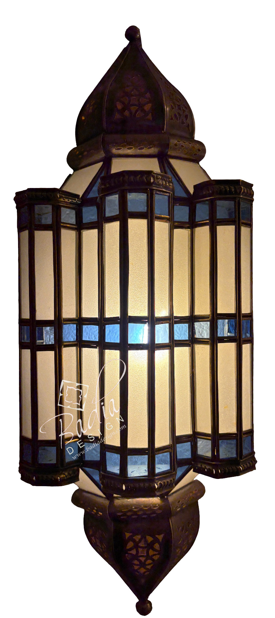 Brass Wall Sconce with White and Blue Glass