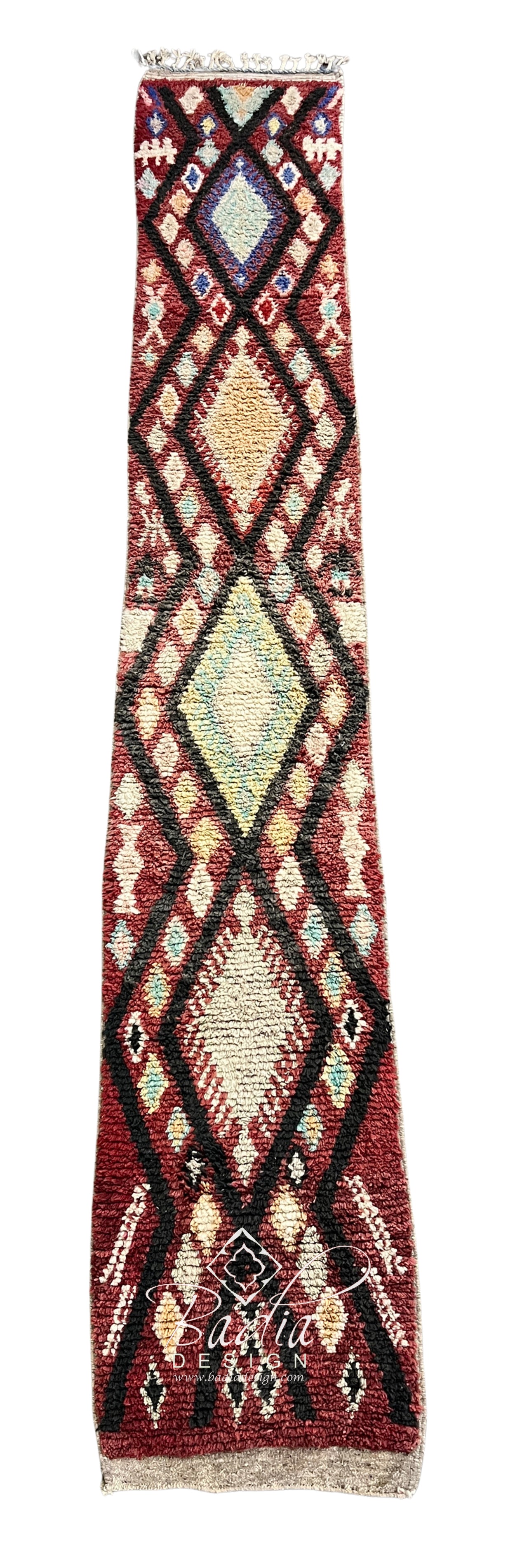 Burgundy Moroccan Runner Rug with Black Diamond Pattern