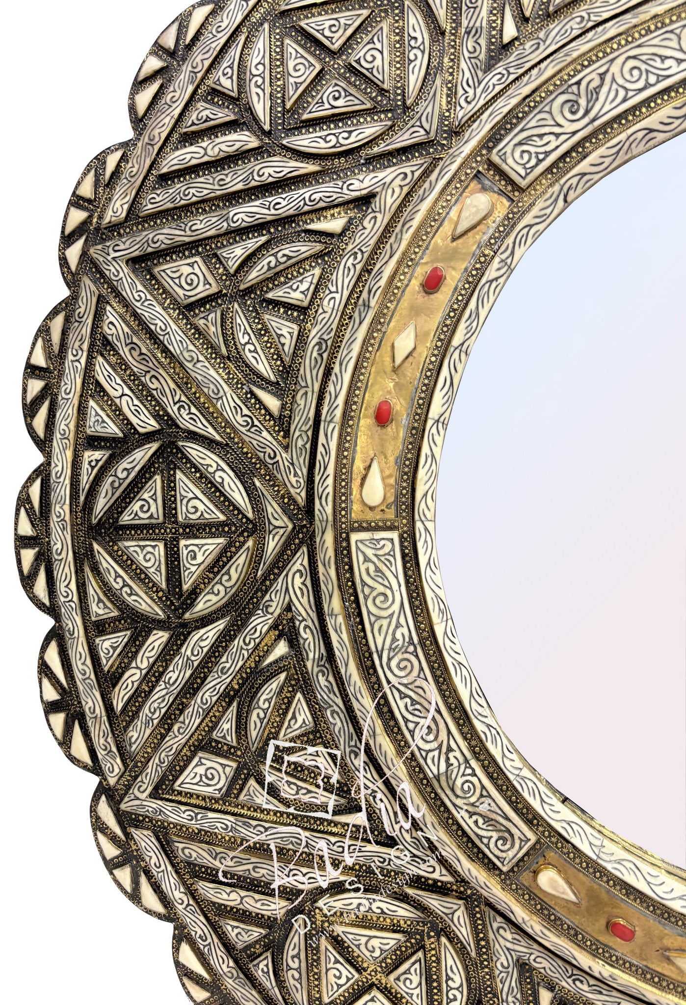 Circular Wall Mirror with Metal and Bone Inlay