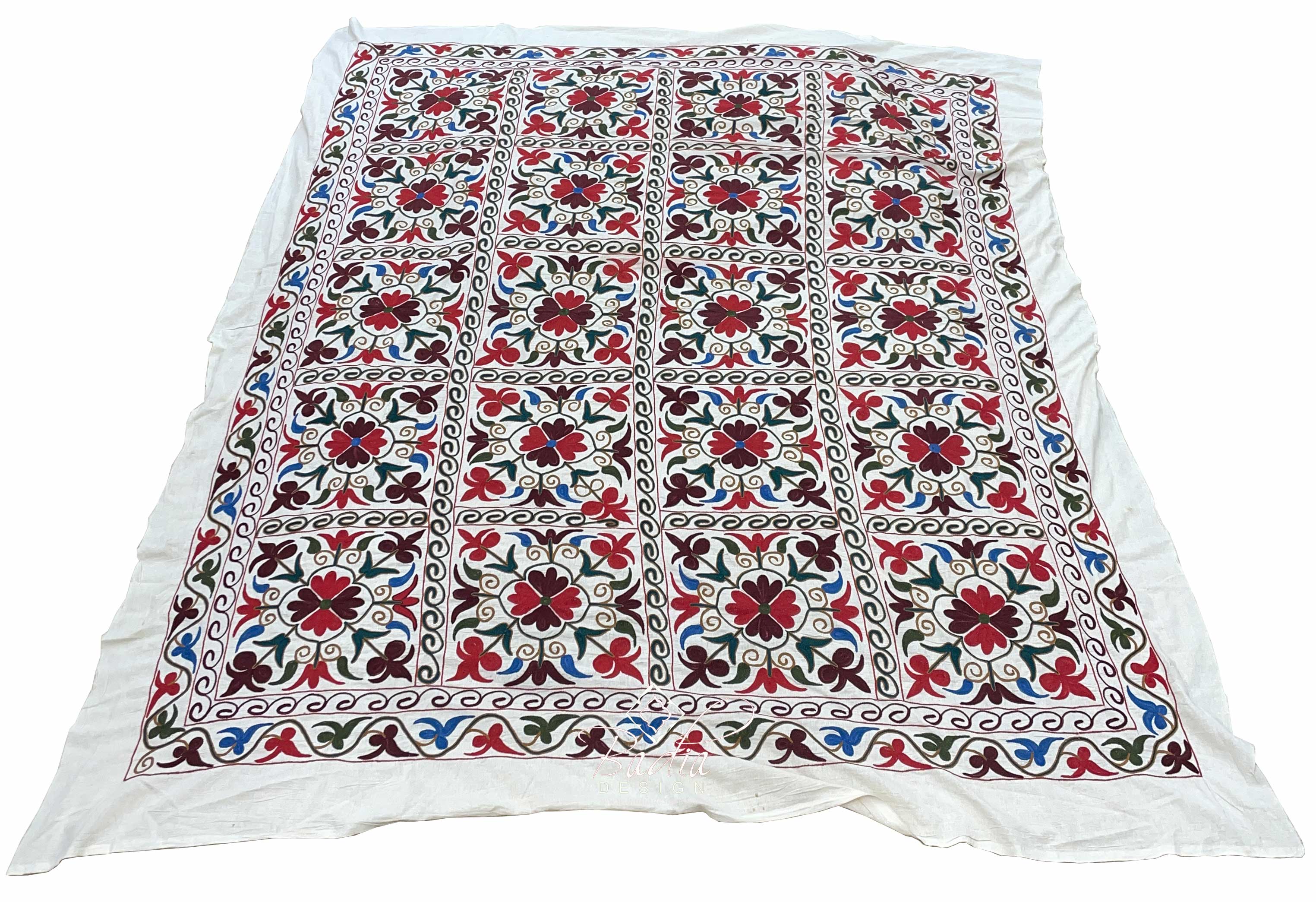 89" W x 104" H - Colorful Suzani Quilt for Bed or Sofa - SUZQLT029