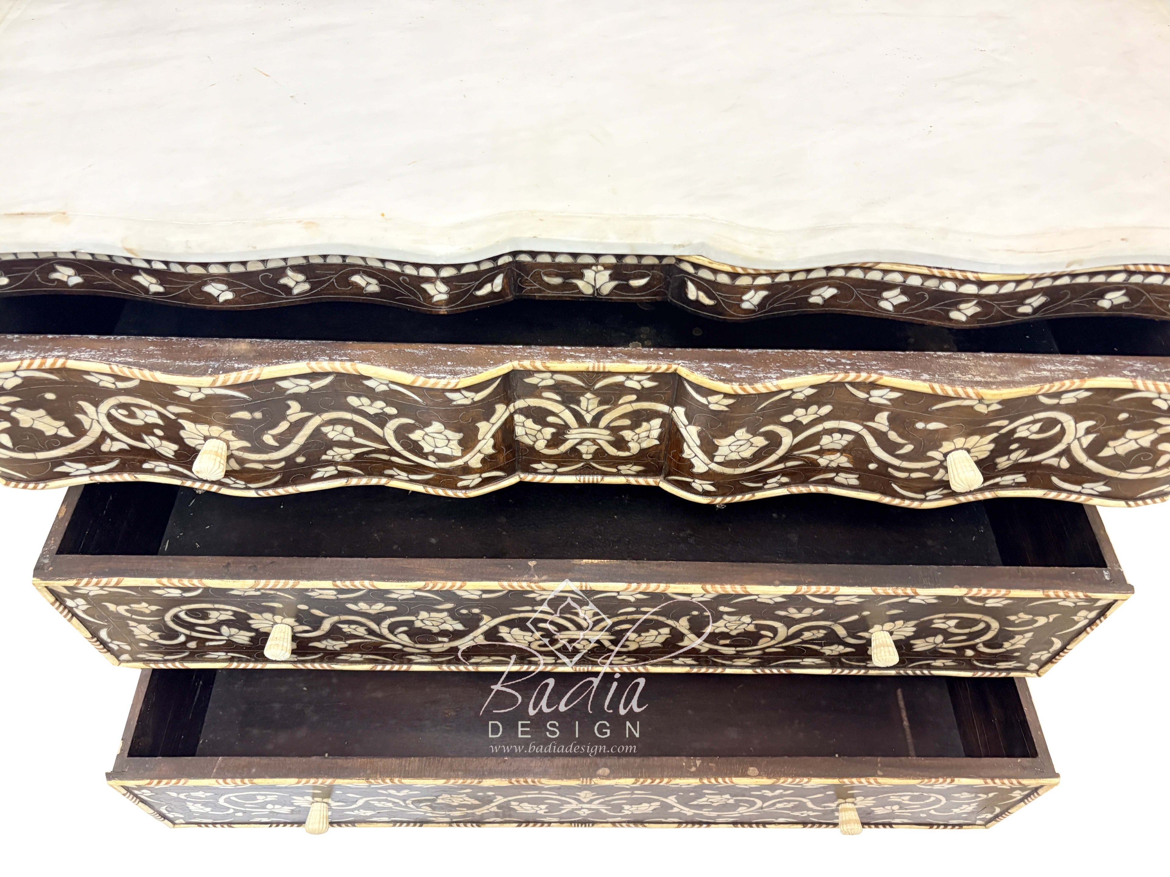 White Mother of Pearl Inlay Dresser with Three Drawers and Dark Stained