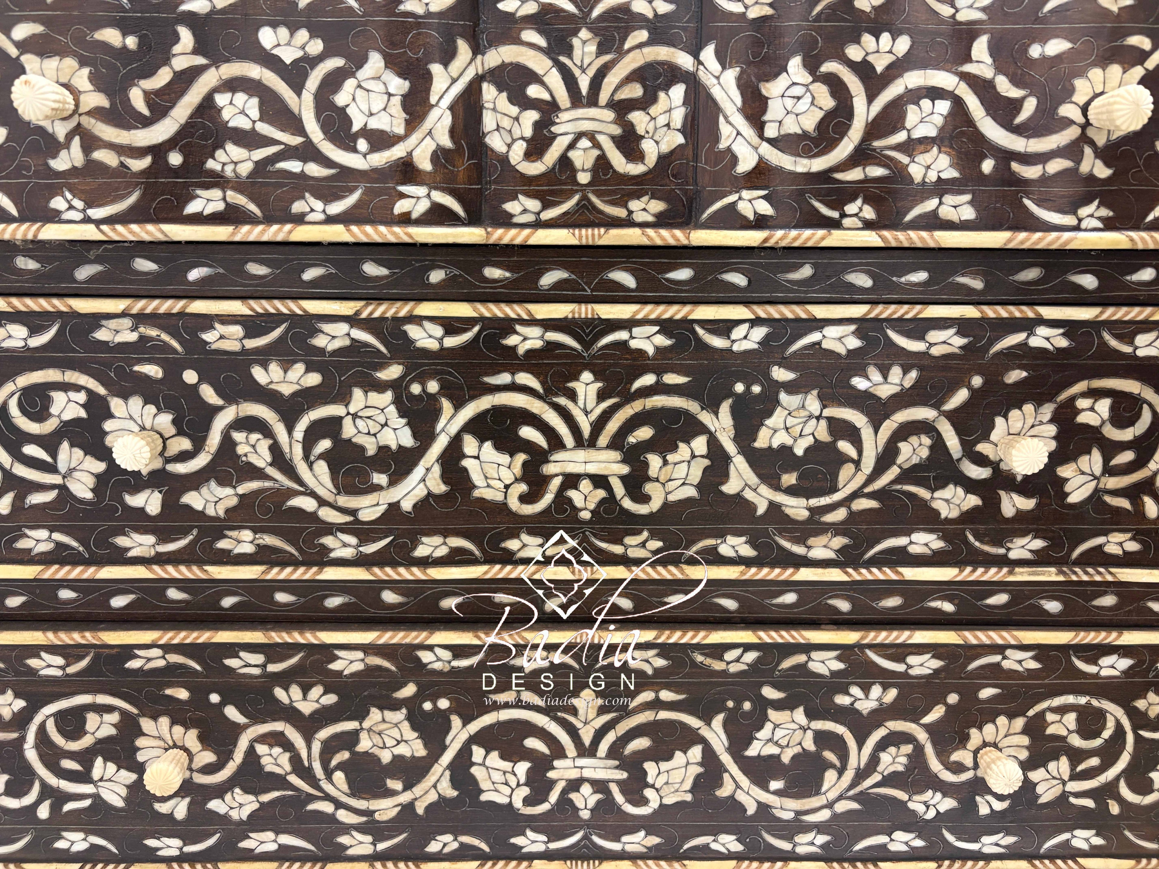 White Mother of Pearl Inlay Dresser with Three Drawers and Dark Stained